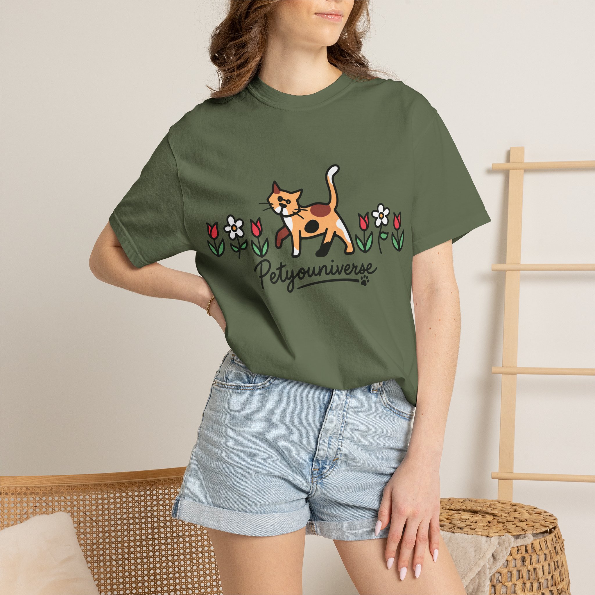 Cat & Flowers T-Shirt — 'Petsyouniverse' Cute Calico Tee - Image 56