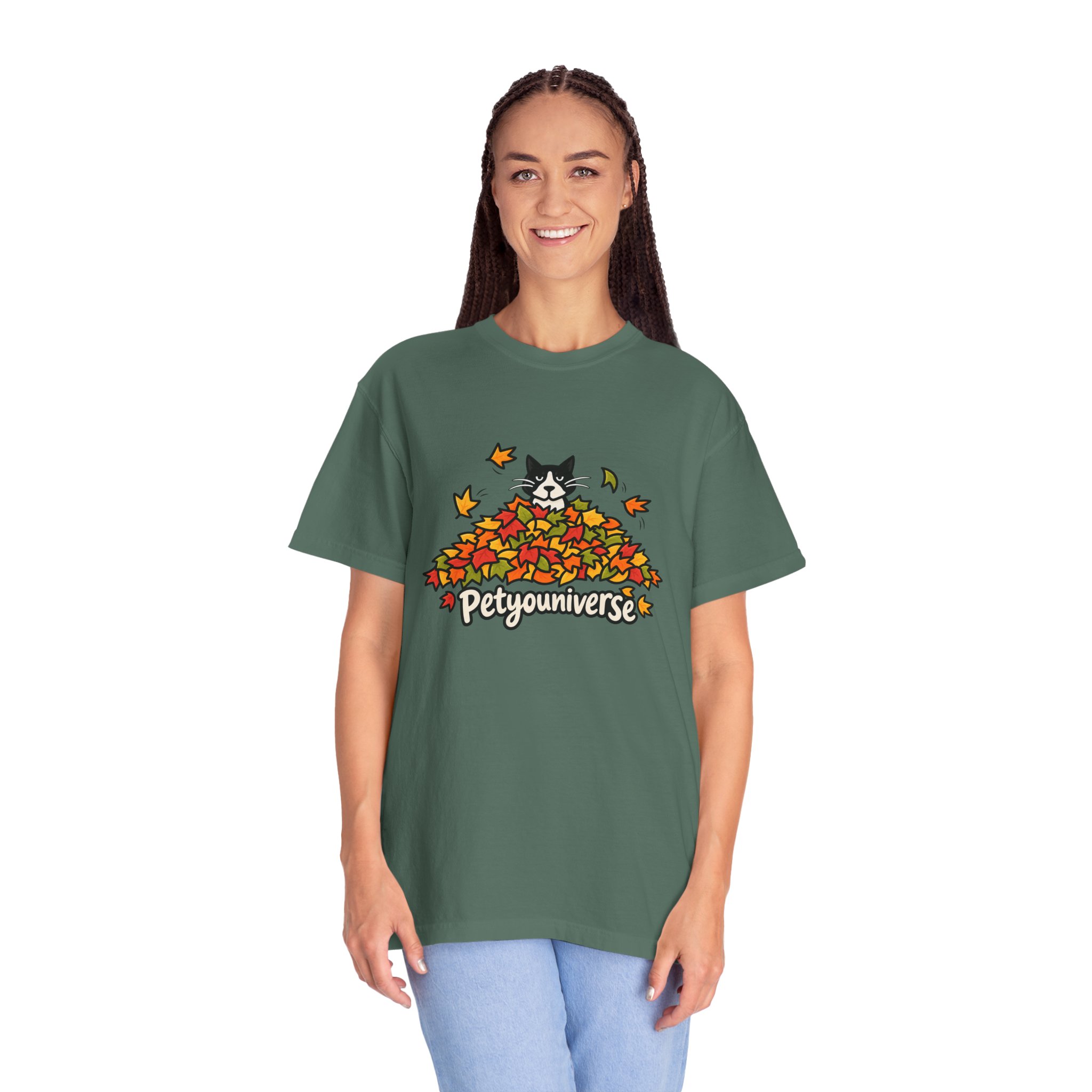 Cat in Leaf Pile T-Shirt — "Petyouniverse" Fall Cat Tee - Image 77