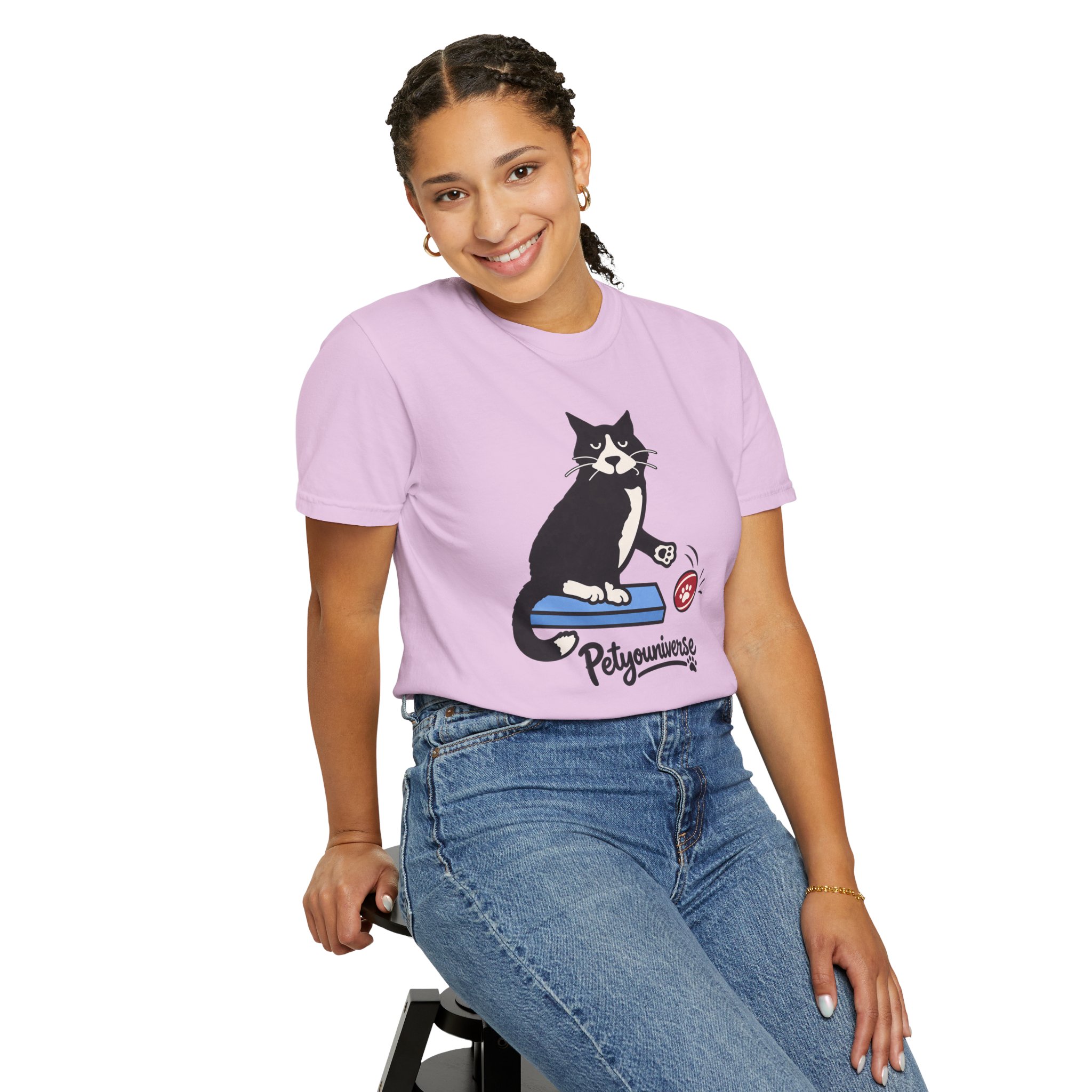 Cat on Scratch Pad Graphic T-Shirt — "Petyouniverse" Cute Paw Play Tee - Image 105