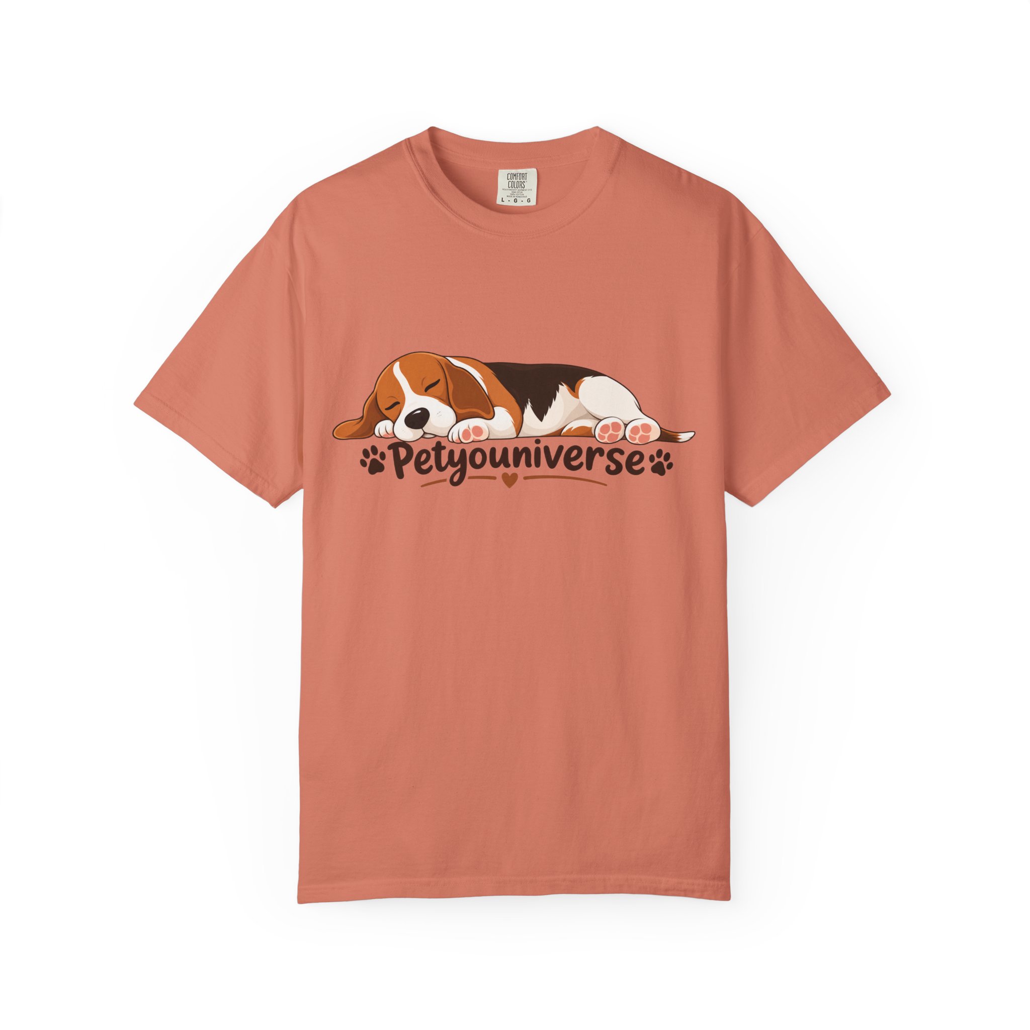 Sleeping Beagle dog graphic on PetYoUniverse t-shirt