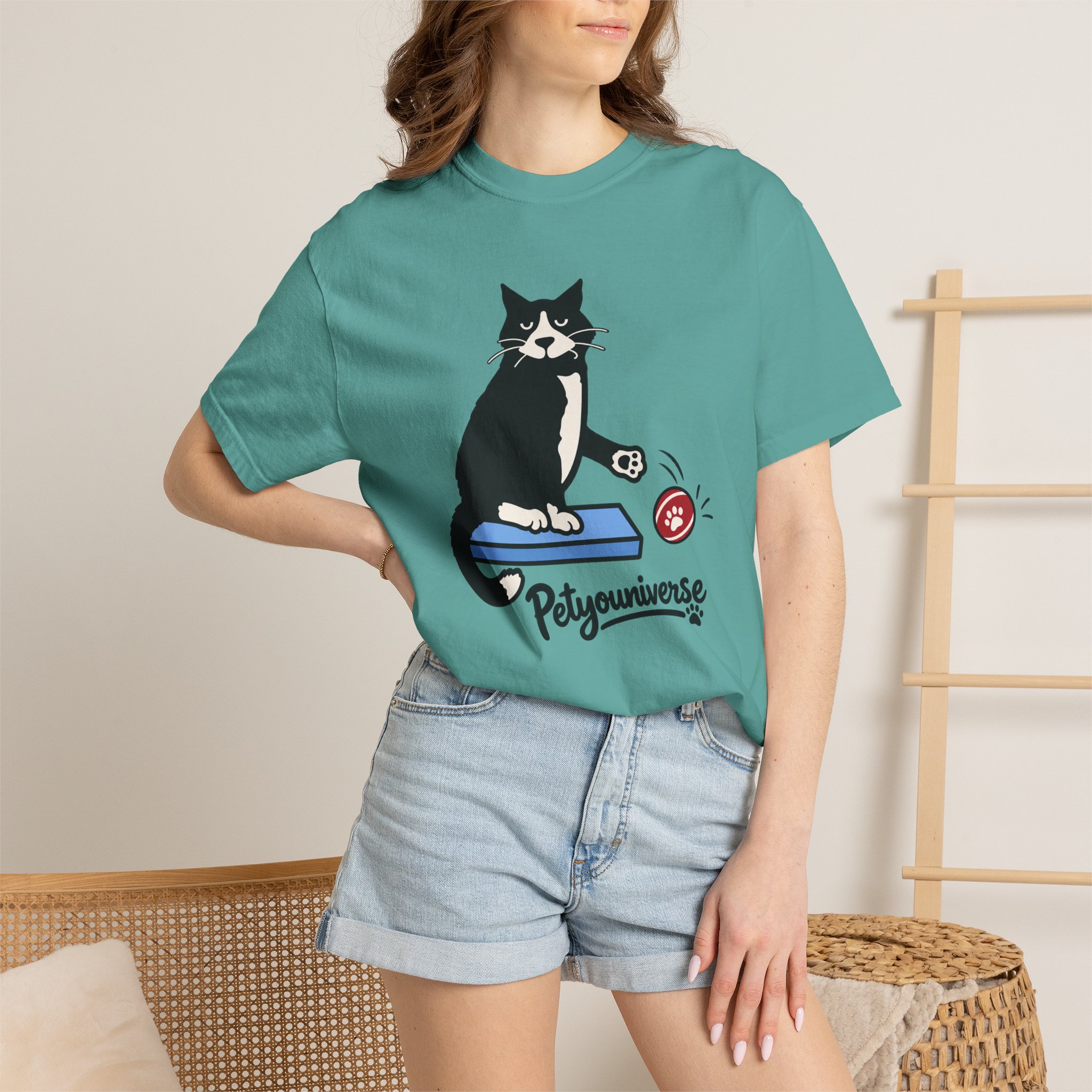 Cat on Scratch Pad Graphic T-Shirt — "Petyouniverse" Cute Paw Play Tee - Image 74