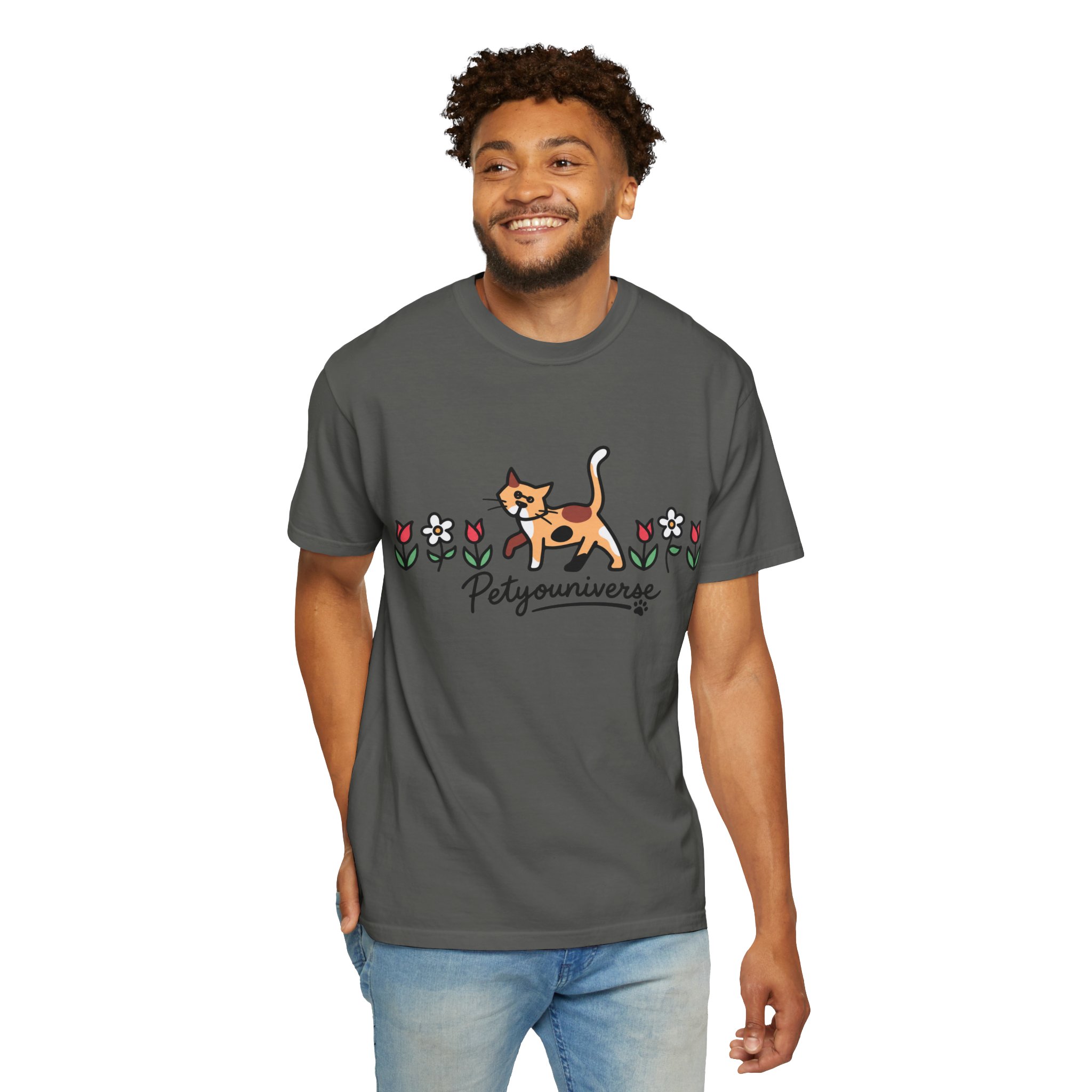 Cat & Flowers T-Shirt — 'Petsyouniverse' Cute Calico Tee - Image 52