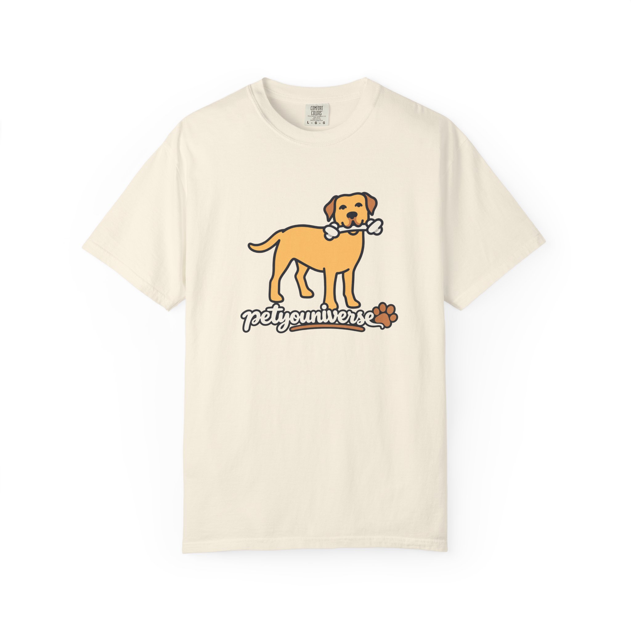 Cute puppy holding a bone graphic on PetYoUniverse t-shirt