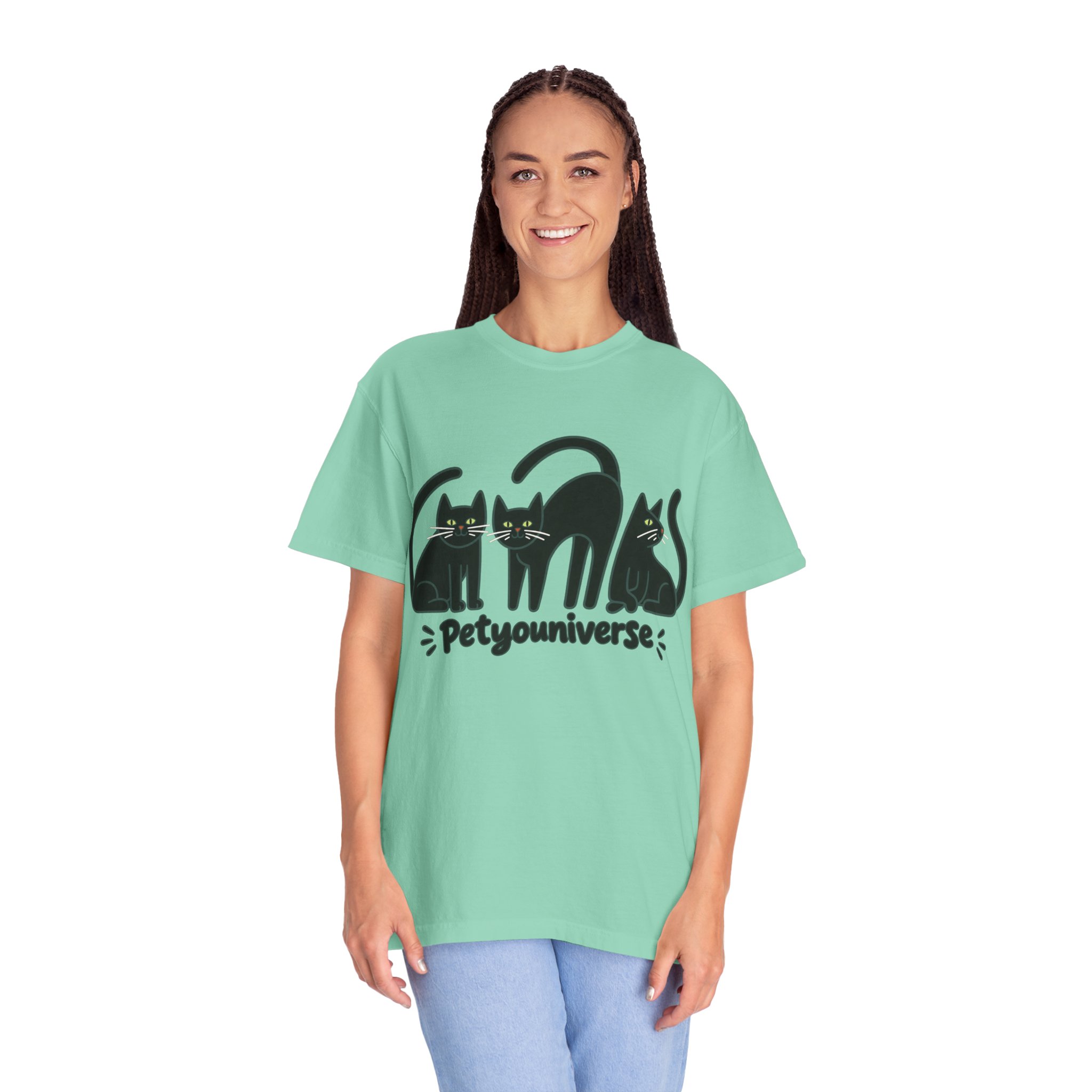 Cat T-Shirt — "Petyouniverse" Black Cat Trio Graphic Tee - Image 77