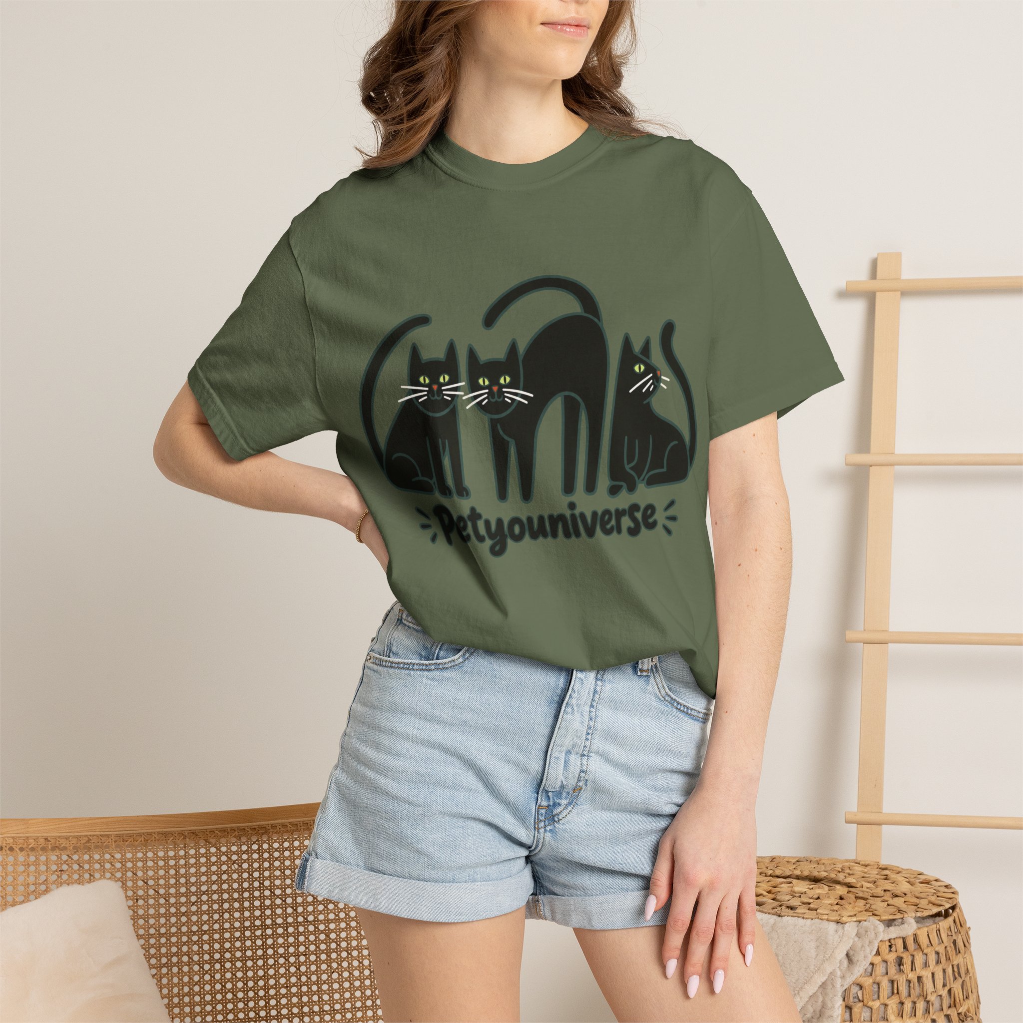 Cat T-Shirt — "Petyouniverse" Black Cat Trio Graphic Tee - Image 56