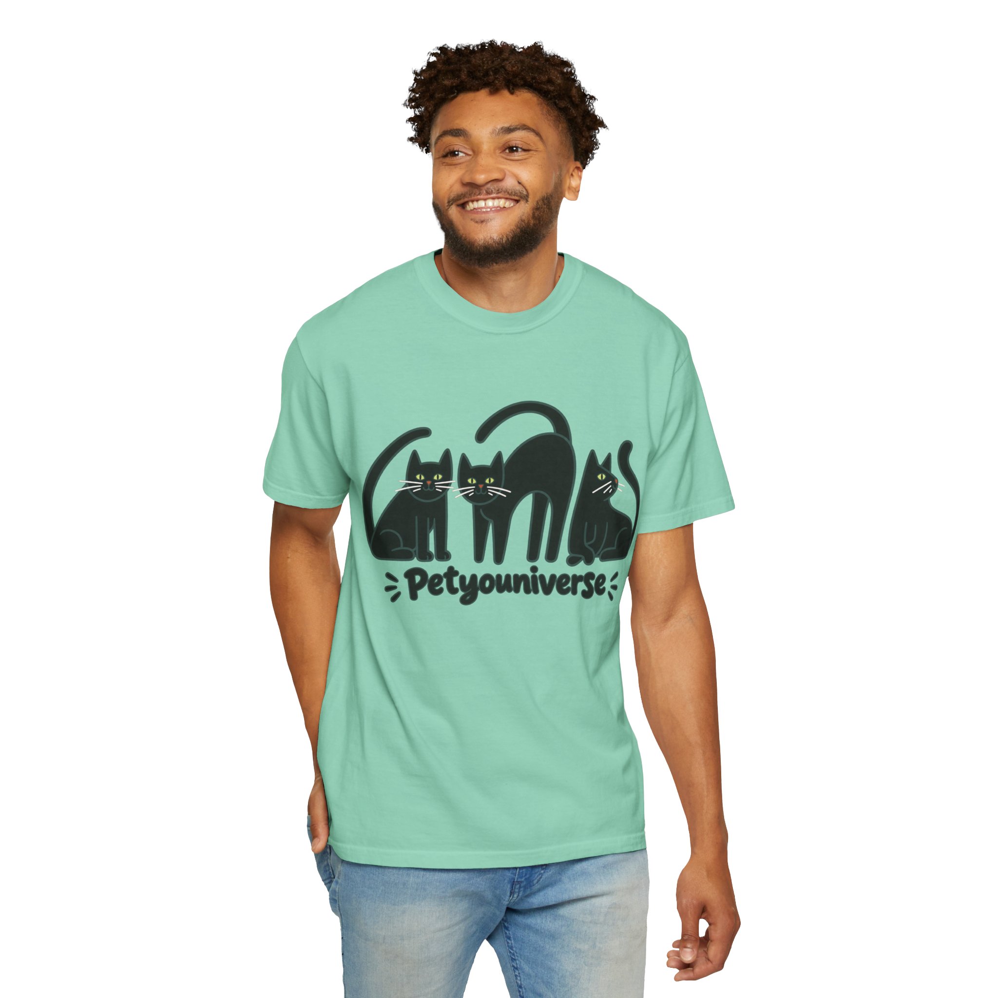 Cat T-Shirt — "Petyouniverse" Black Cat Trio Graphic Tee - Image 79