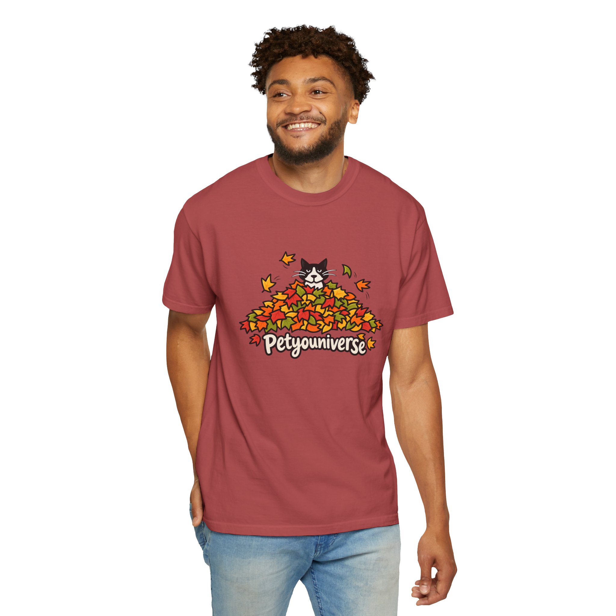 Cat in Leaf Pile T-Shirt — "Petyouniverse" Fall Cat Tee - Image 133