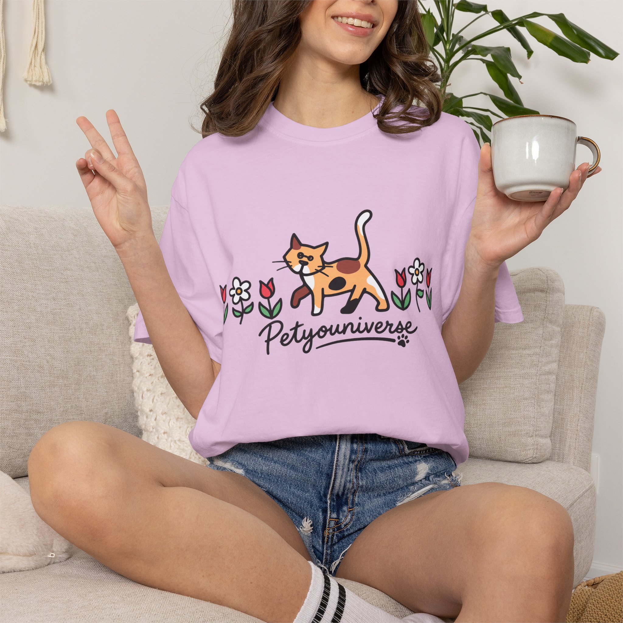 Cat & Flowers T-Shirt — 'Petsyouniverse' Cute Calico Tee - Image 102