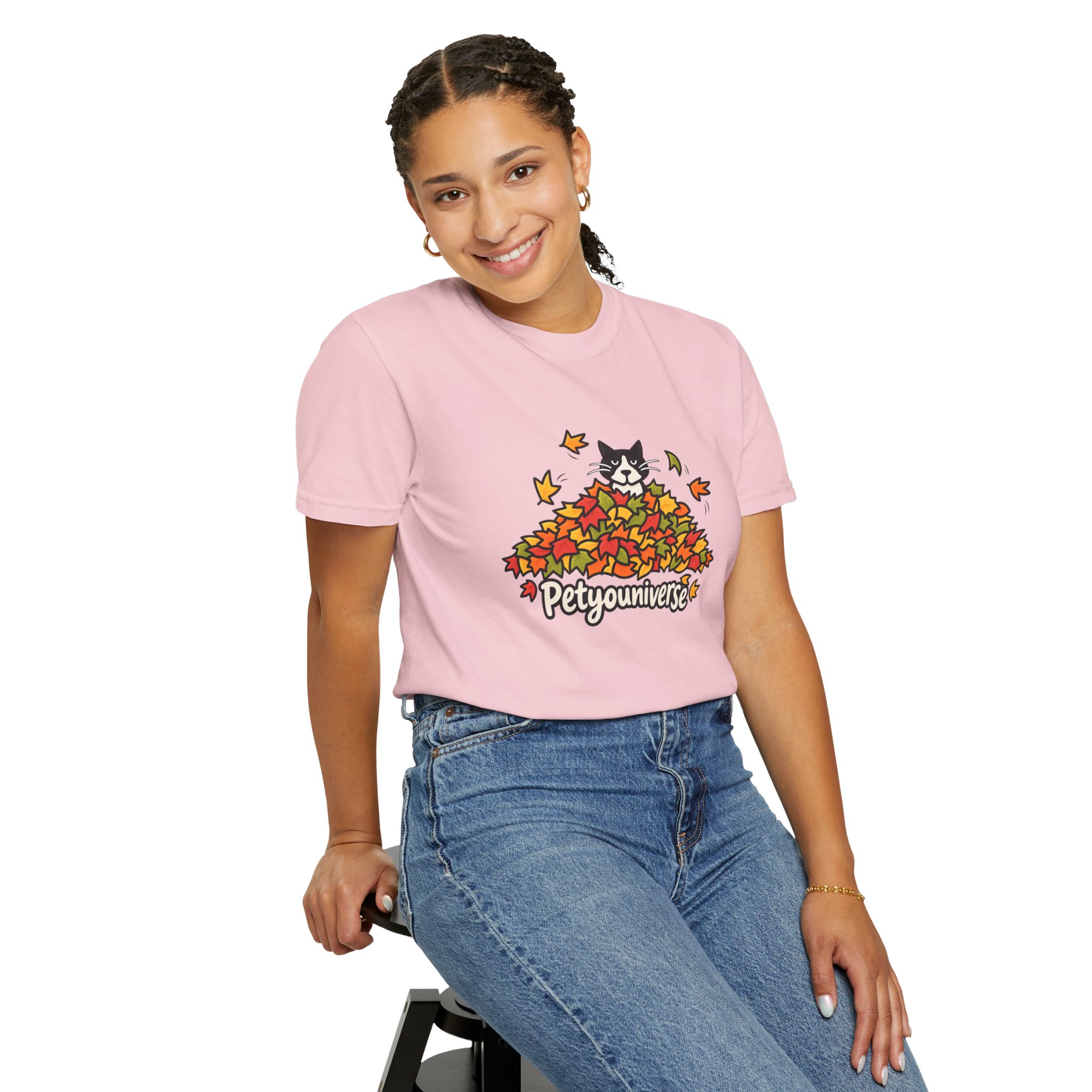 Cat in Leaf Pile T-Shirt — "Petyouniverse" Fall Cat Tee - Image 96