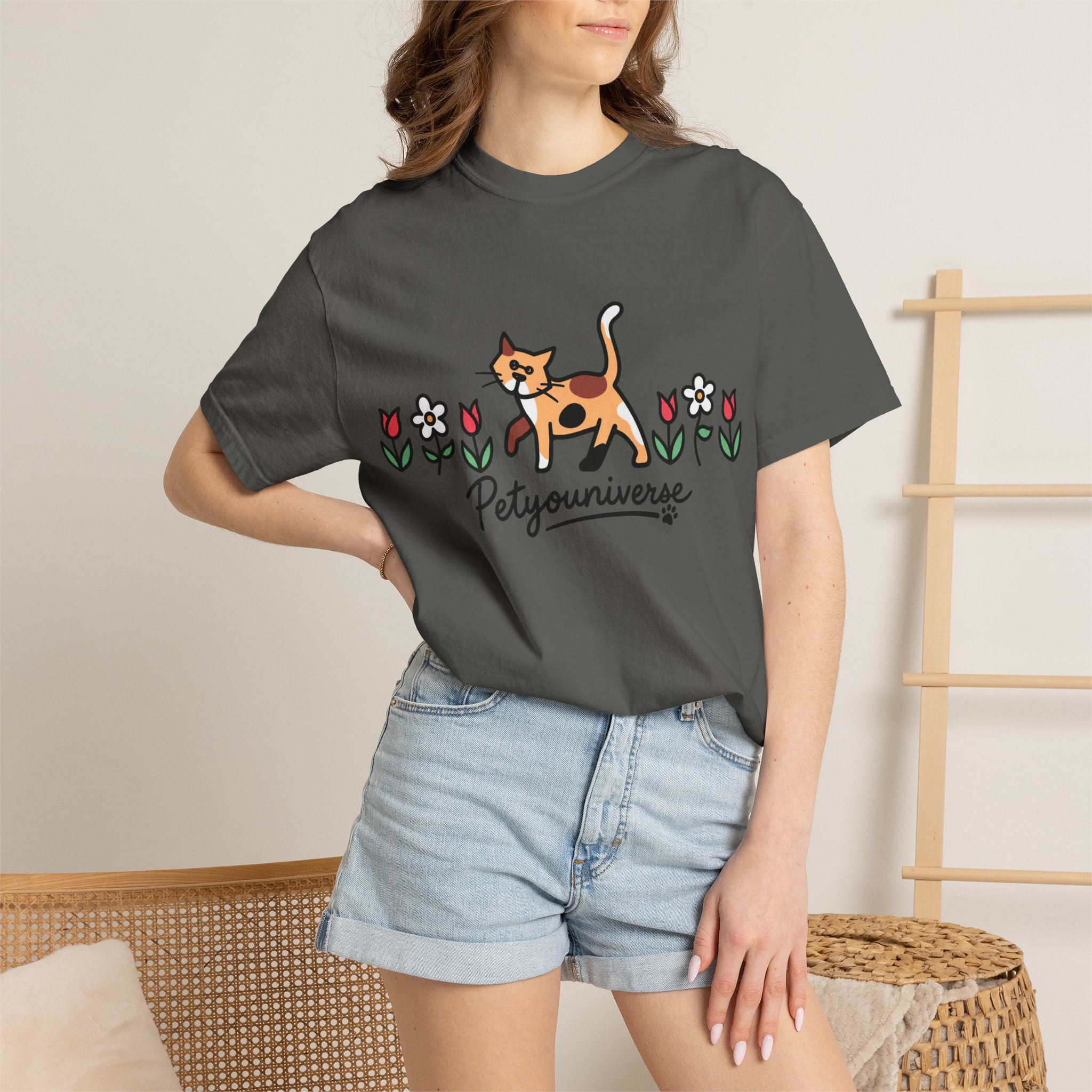 Cat & Flowers T-Shirt — 'Petsyouniverse' Cute Calico Tee - Image 47