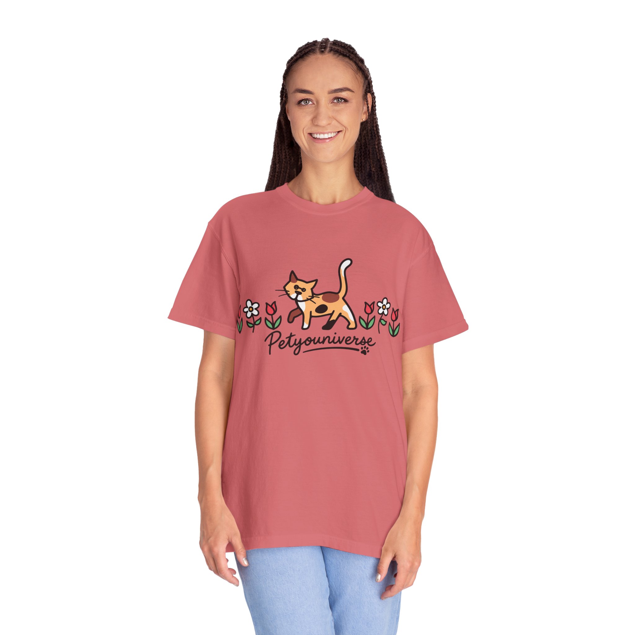Cat & Flowers T-Shirt — 'Petsyouniverse' Cute Calico Tee - Image 131