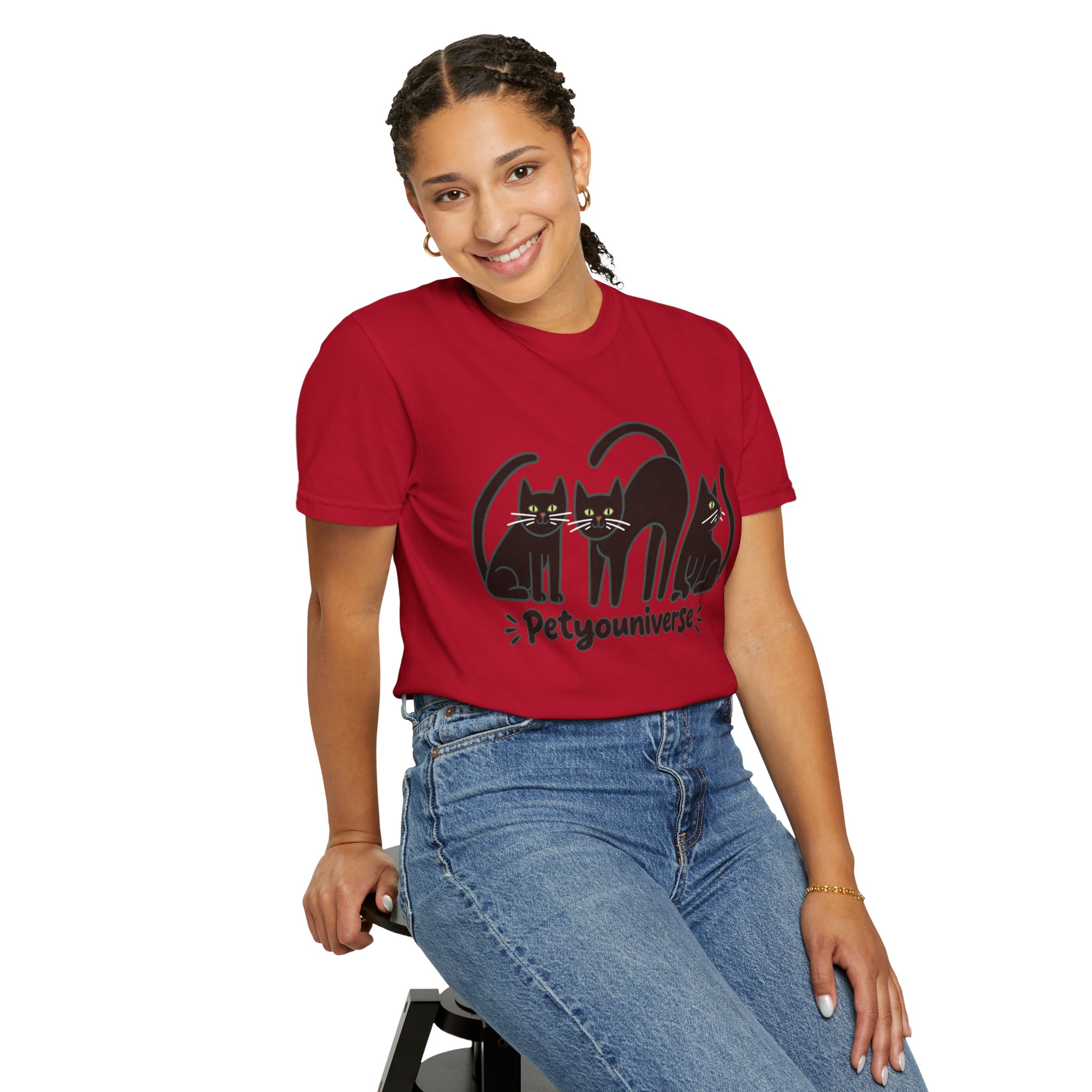 Cat T-Shirt — "Petyouniverse" Black Cat Trio Graphic Tee - Image 141