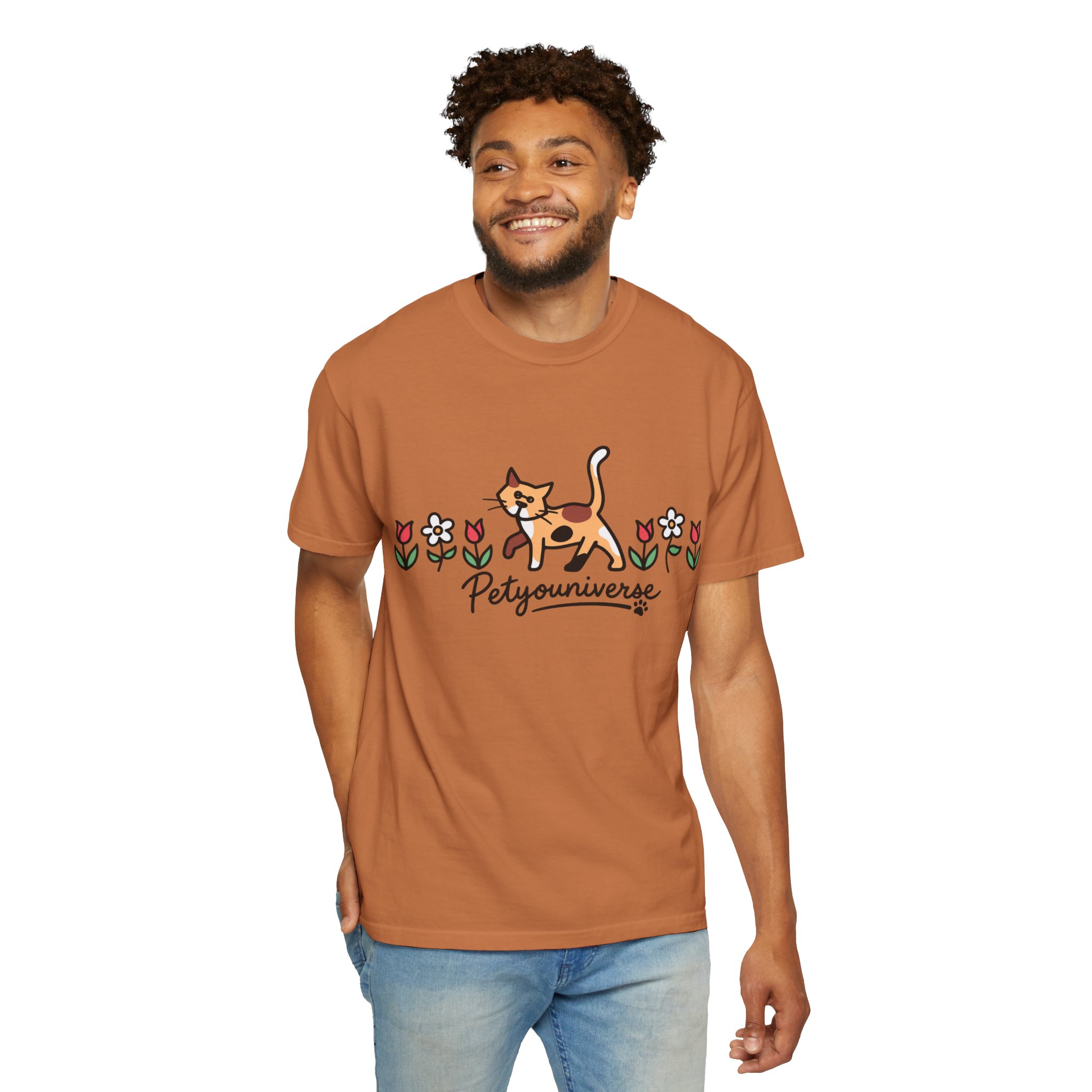 Cat & Flowers T-Shirt — 'Petsyouniverse' Cute Calico Tee - Image 25