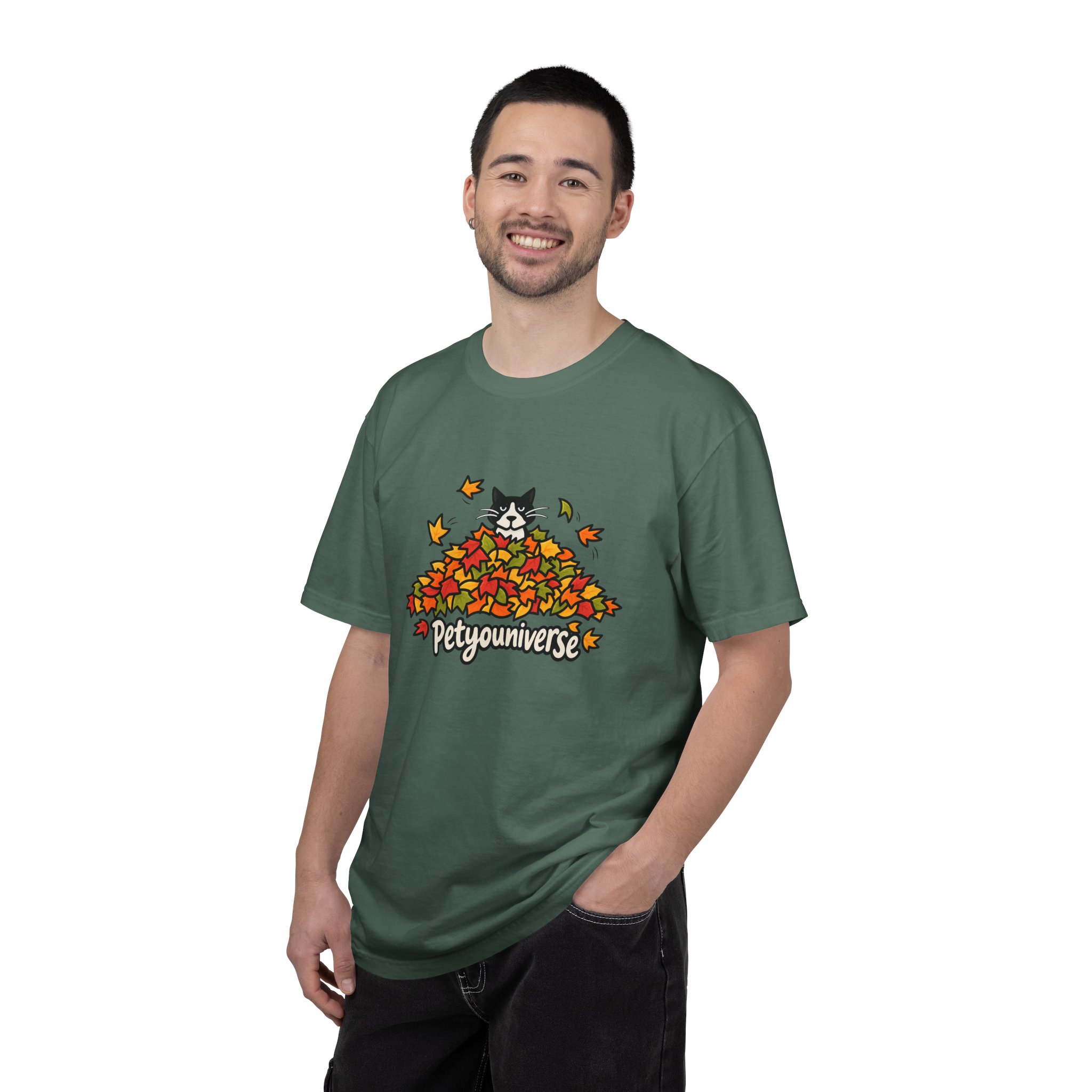 Cat in Leaf Pile T-Shirt — "Petyouniverse" Fall Cat Tee - Image 76