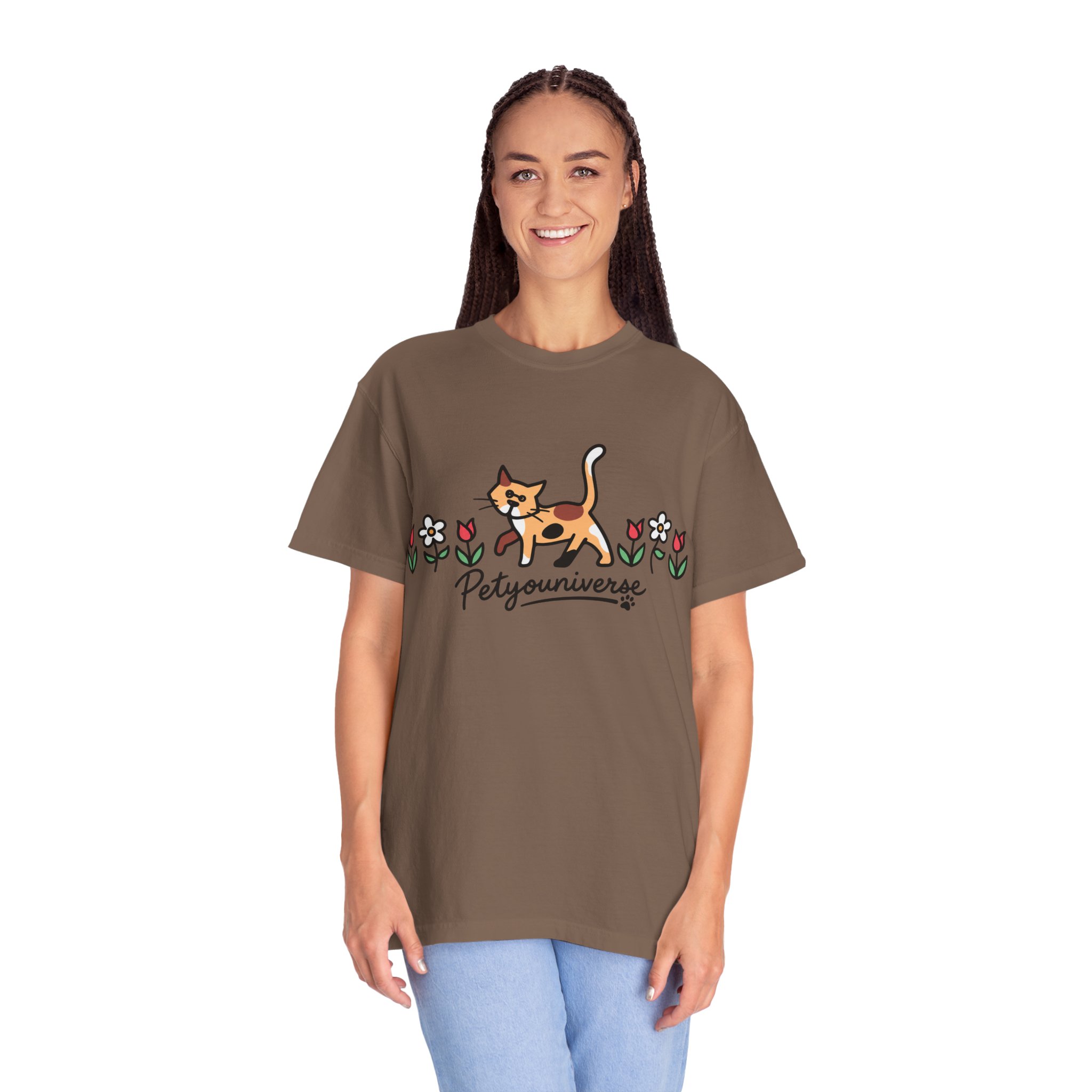 Cat & Flowers T-Shirt — 'Petsyouniverse' Cute Calico Tee - Image 41
