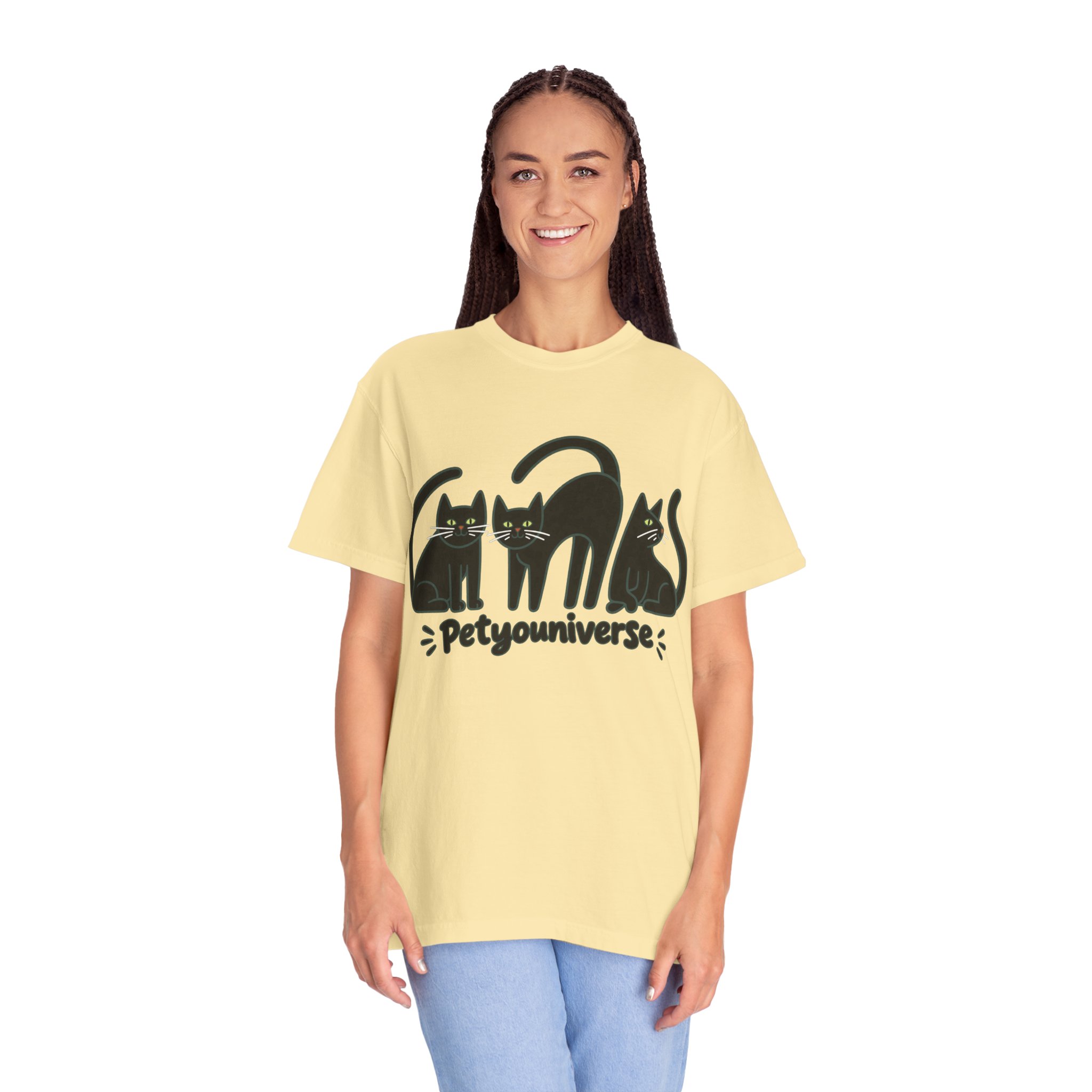 Cat T-Shirt — "Petyouniverse" Black Cat Trio Graphic Tee - Image 23
