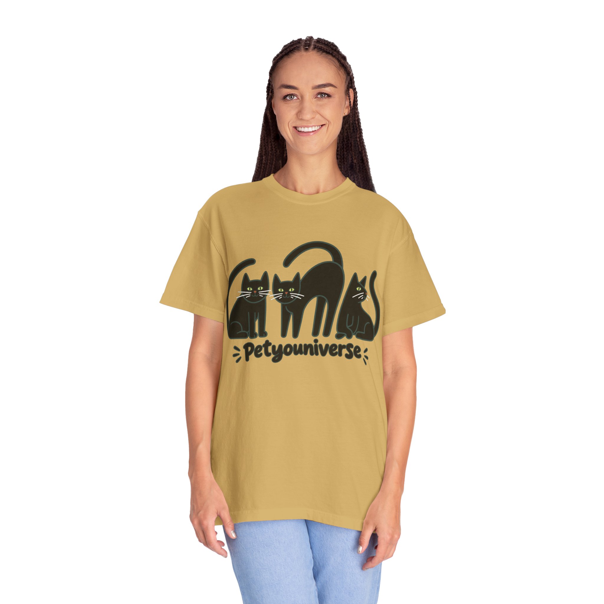 Cat T-Shirt — "Petyouniverse" Black Cat Trio Graphic Tee - Image 32