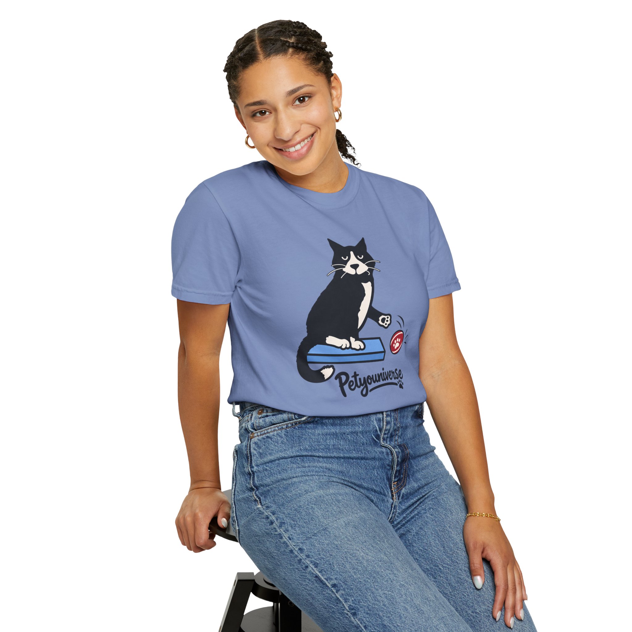 Cat on Scratch Pad Graphic T-Shirt — "Petyouniverse" Cute Paw Play Tee - Image 87