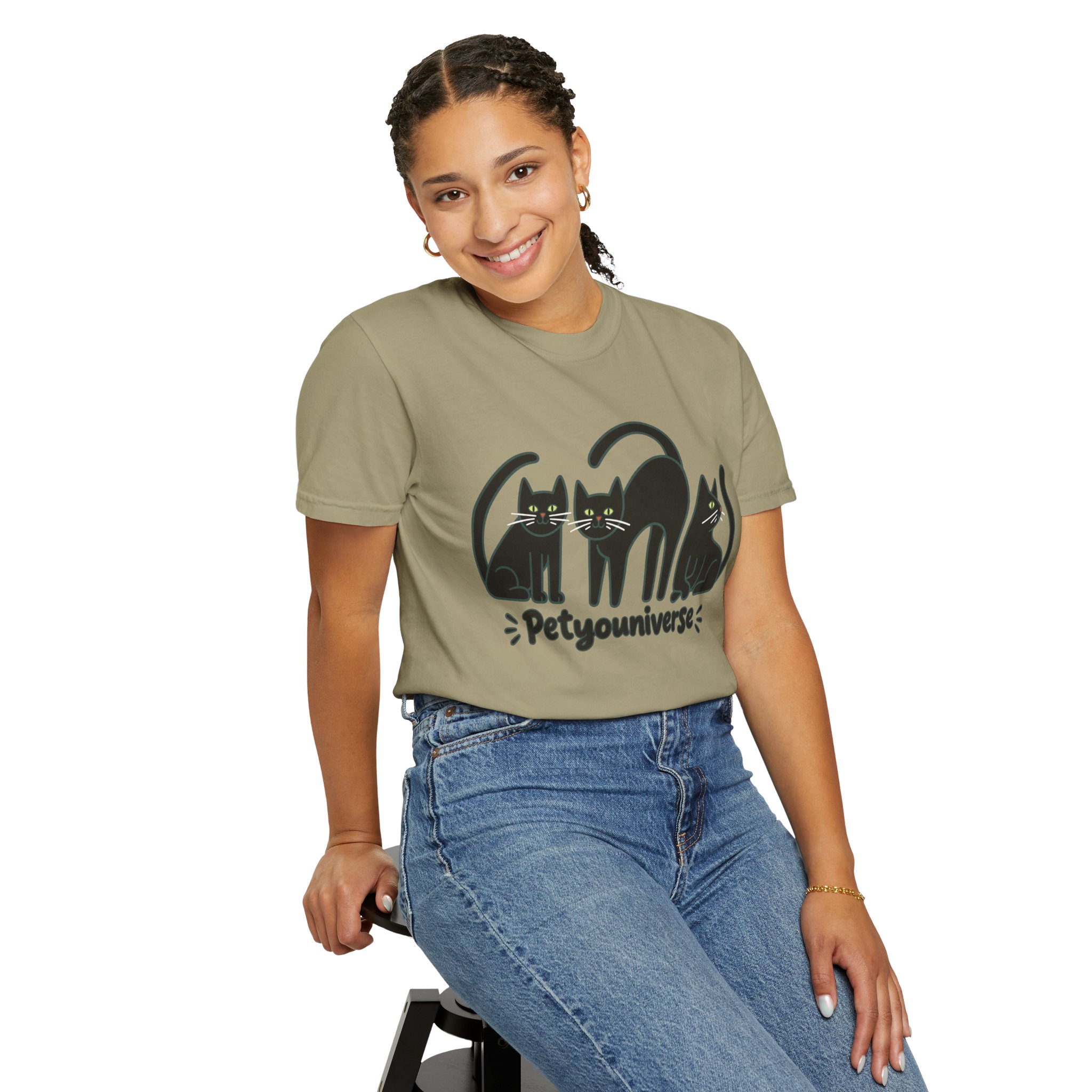 Cat T-Shirt — "Petyouniverse" Black Cat Trio Graphic Tee - Image 42