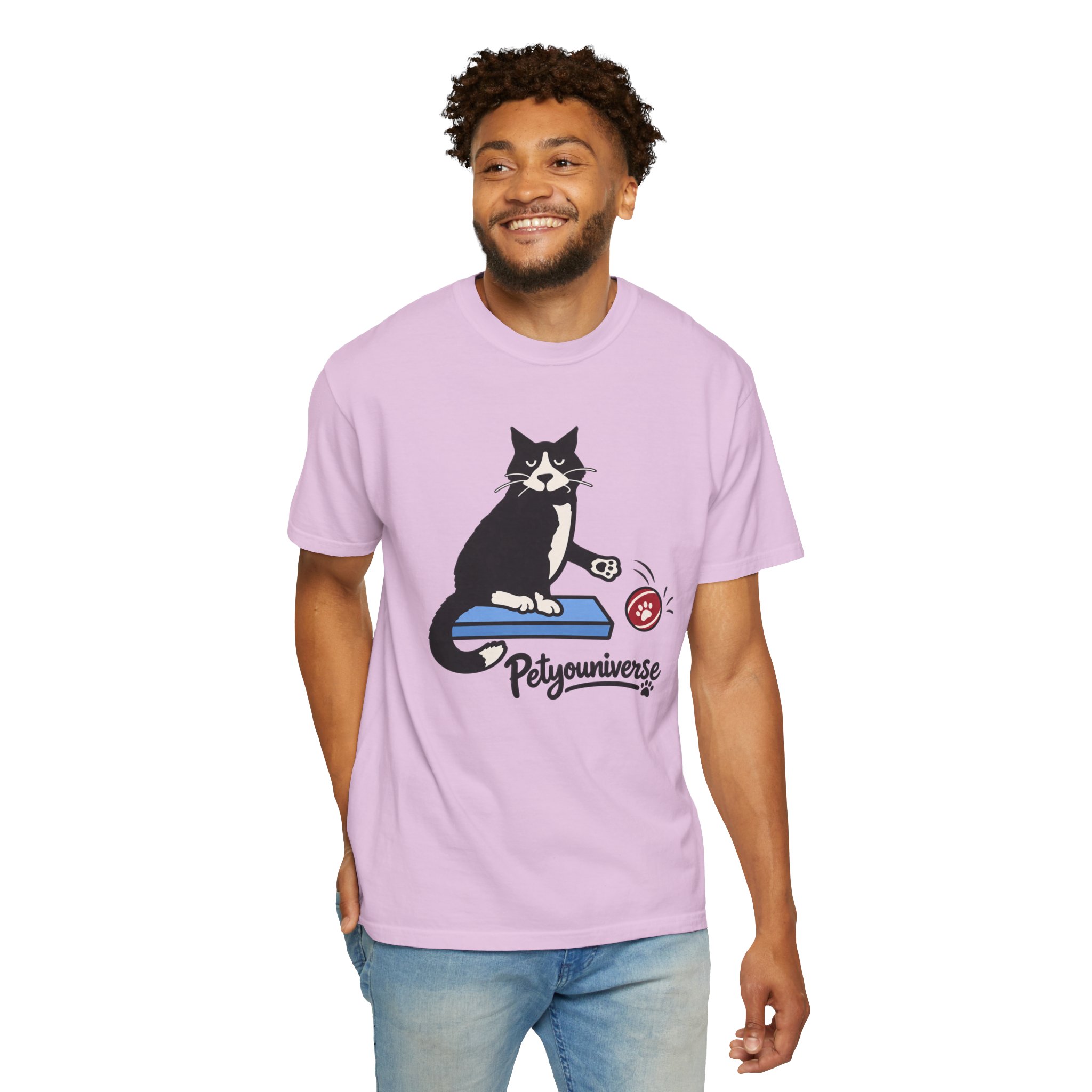 Cat on Scratch Pad Graphic T-Shirt — "Petyouniverse" Cute Paw Play Tee - Image 106