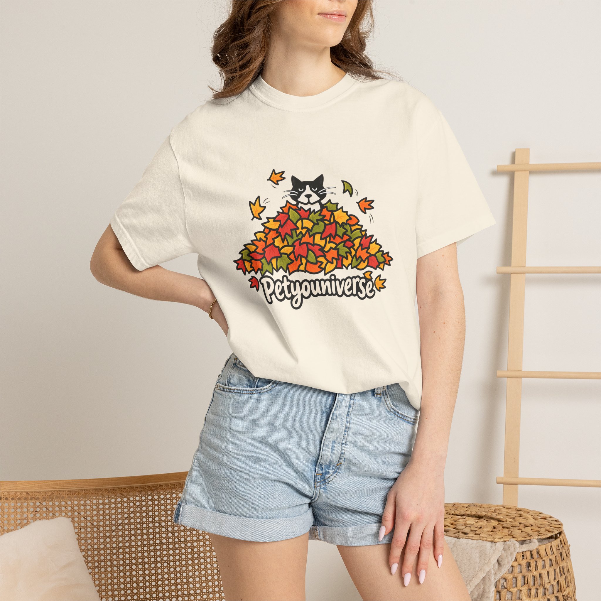 Cat in Leaf Pile T-Shirt — "Petyouniverse" Fall Cat Tee - Image 2