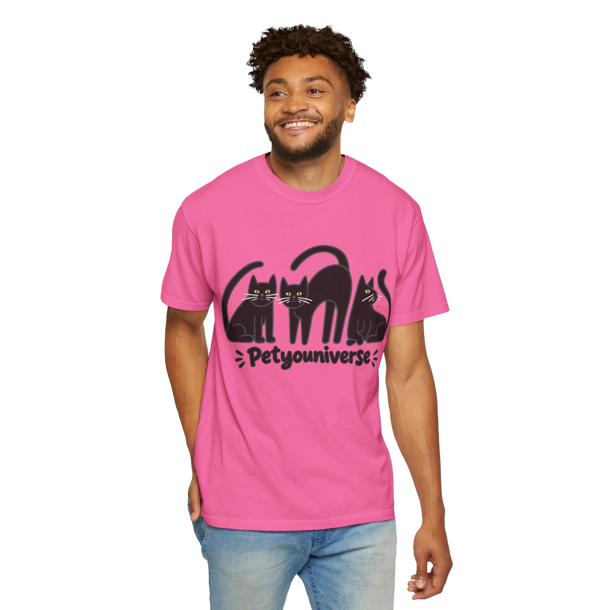 Cat T-Shirt — "Petyouniverse" Black Cat Trio Graphic Tee - Image 133