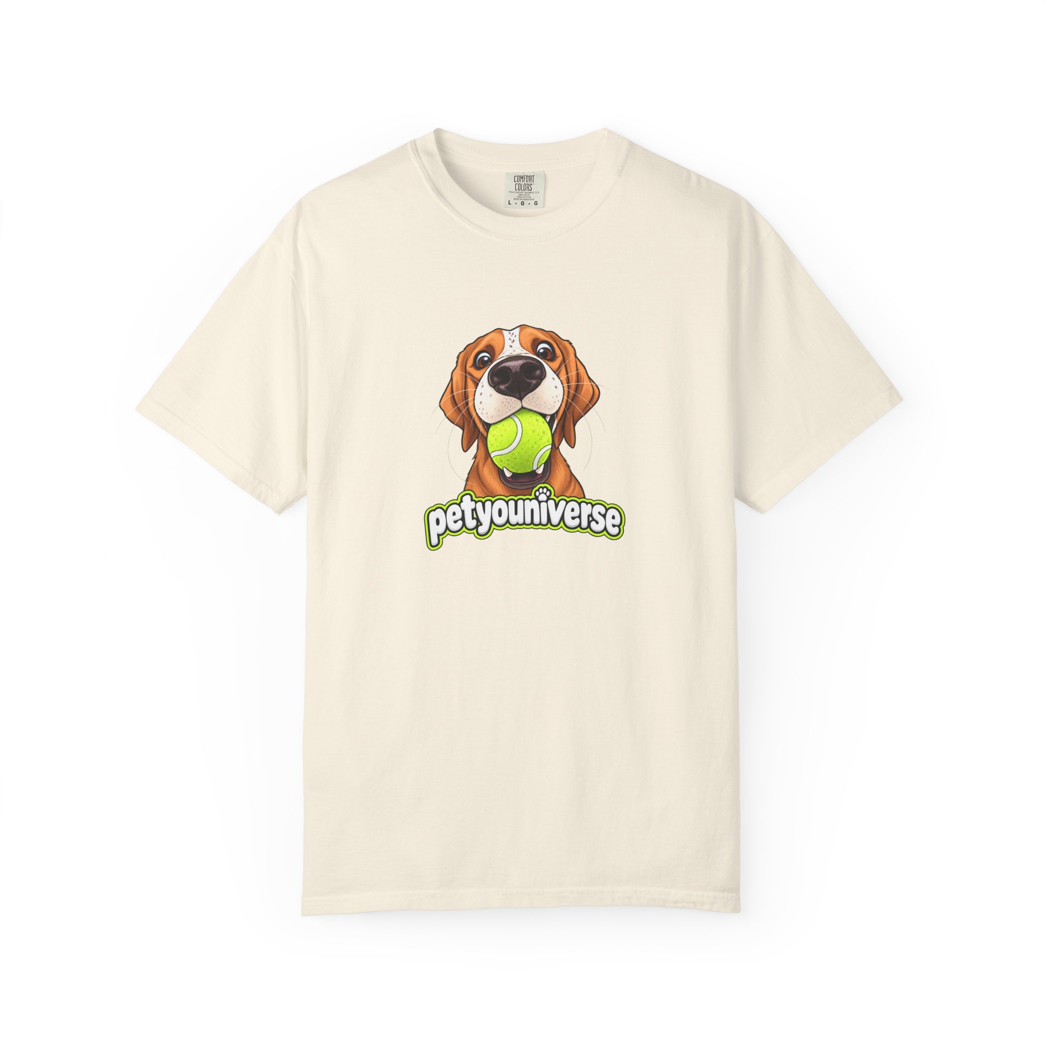 Cute dog holding tennis ball graphic on PetYoUniverse t-shirt