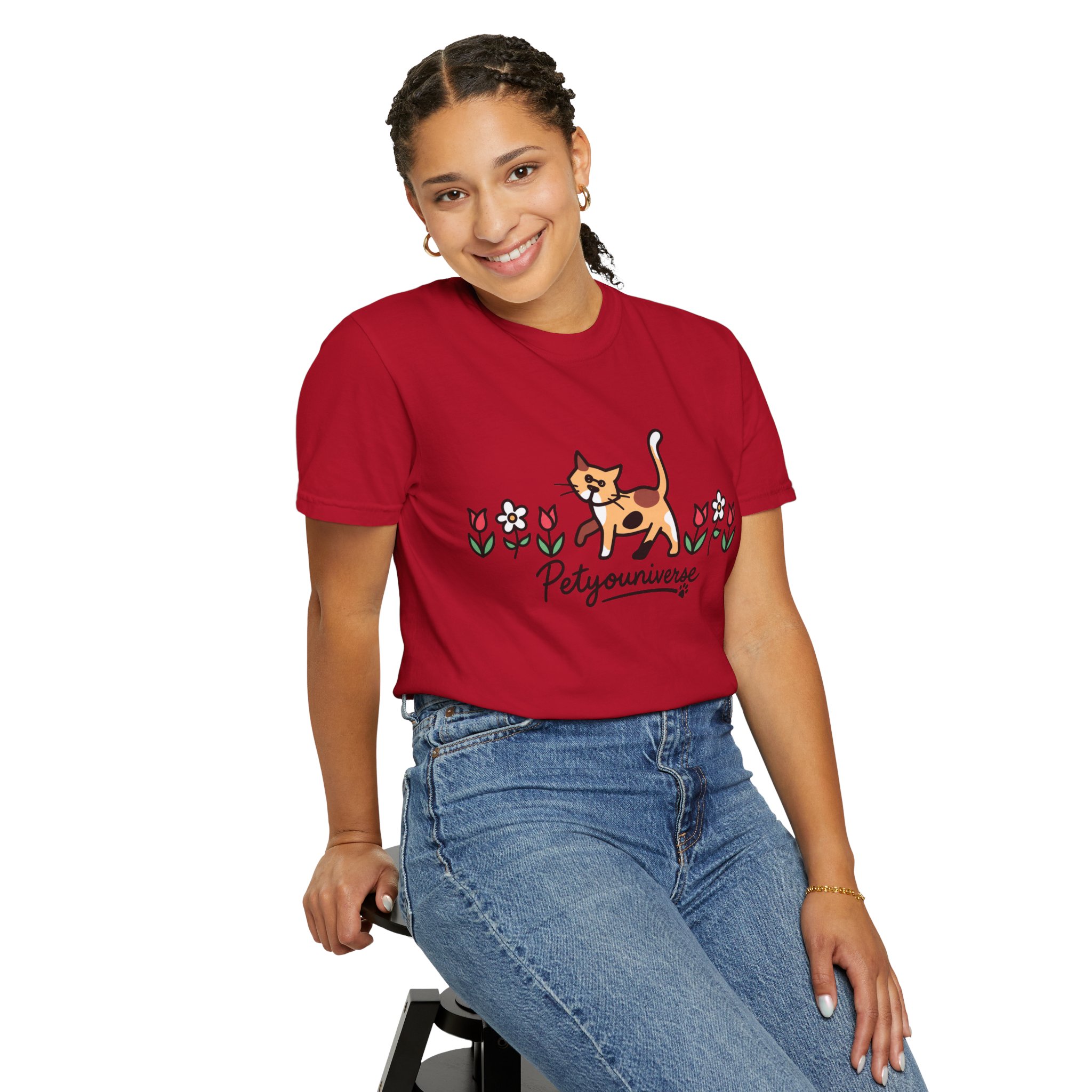 Cat & Flowers T-Shirt — 'Petsyouniverse' Cute Calico Tee - Image 141
