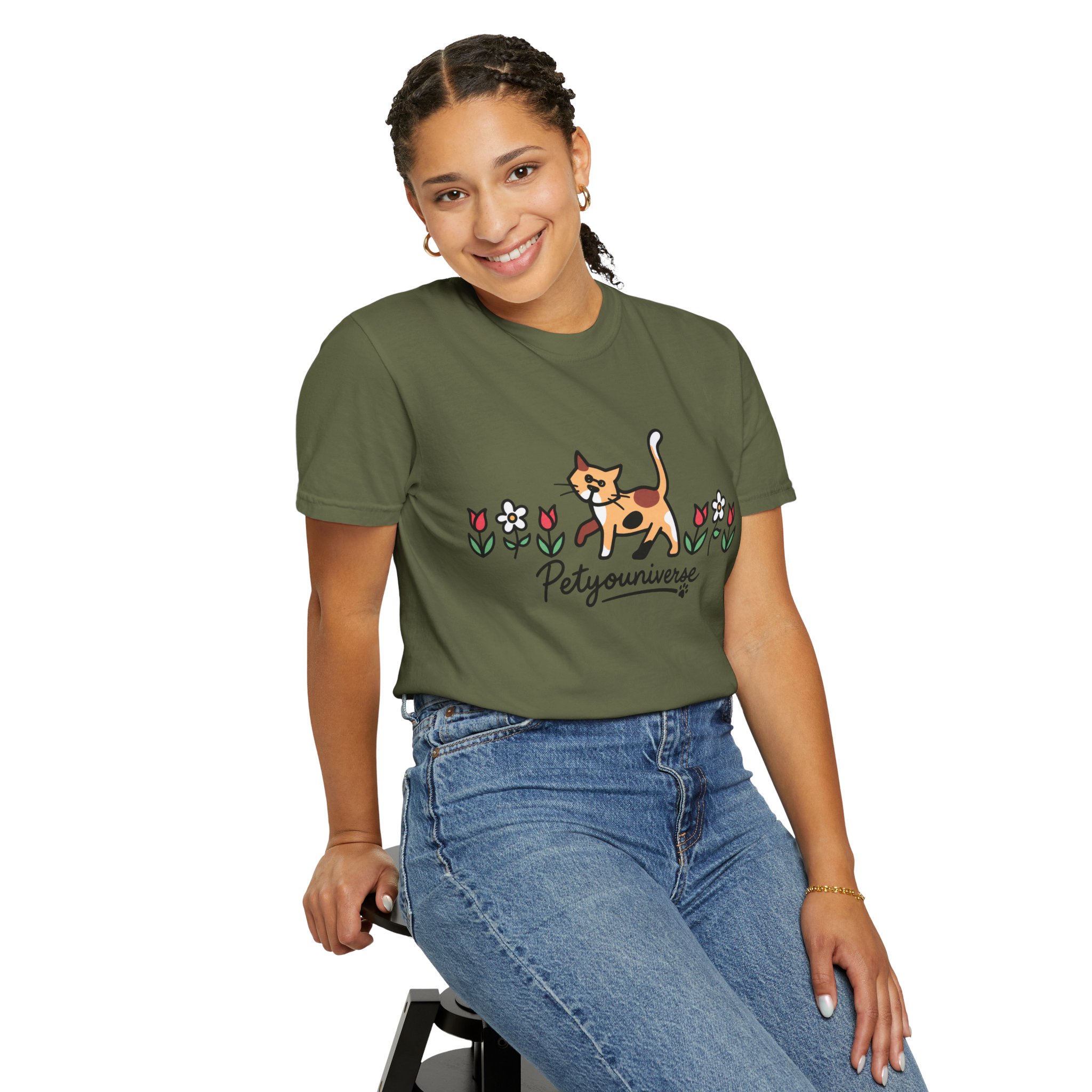 Cat & Flowers T-Shirt — 'Petsyouniverse' Cute Calico Tee - Image 69