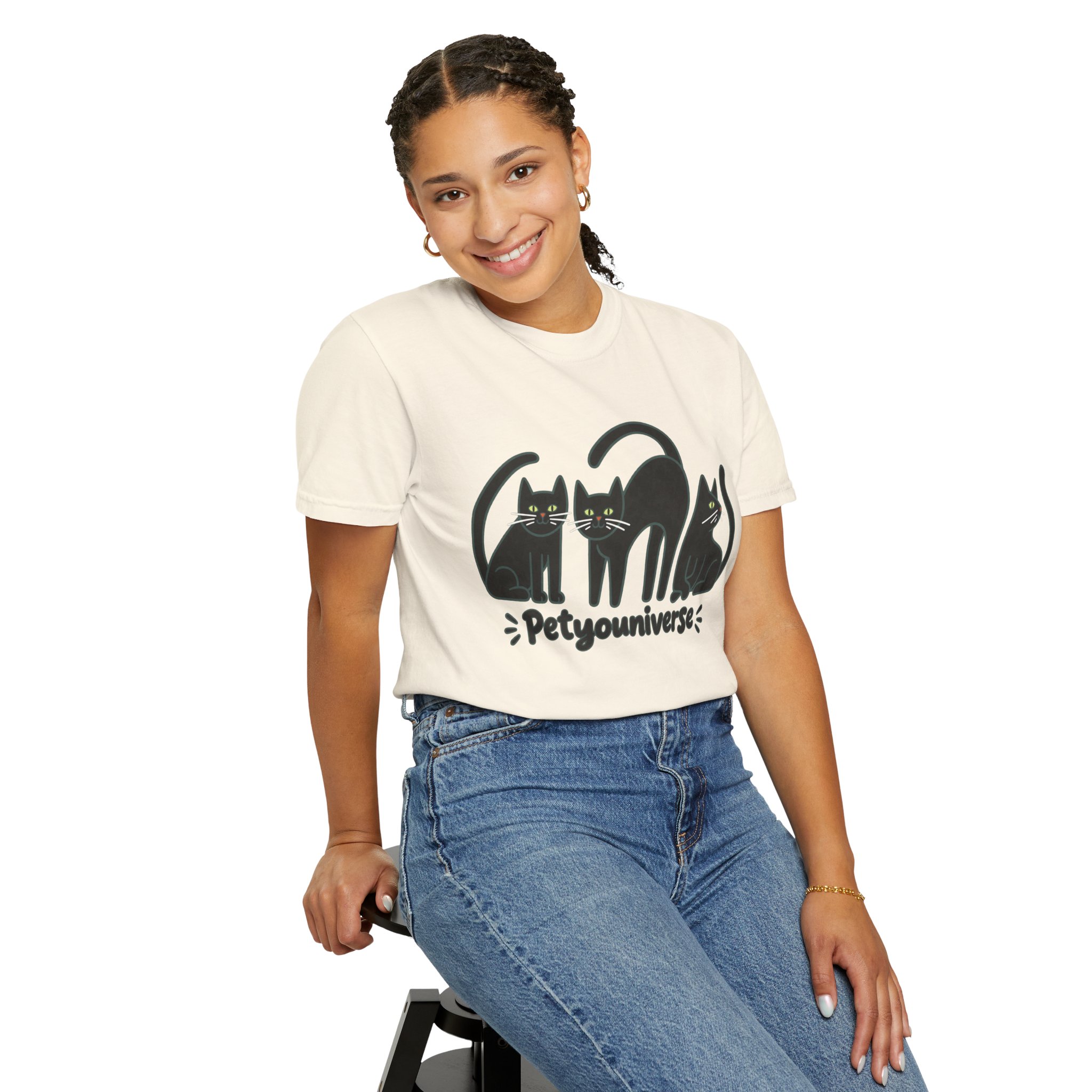 Cat T-Shirt — "Petyouniverse" Black Cat Trio Graphic Tee - Image 15