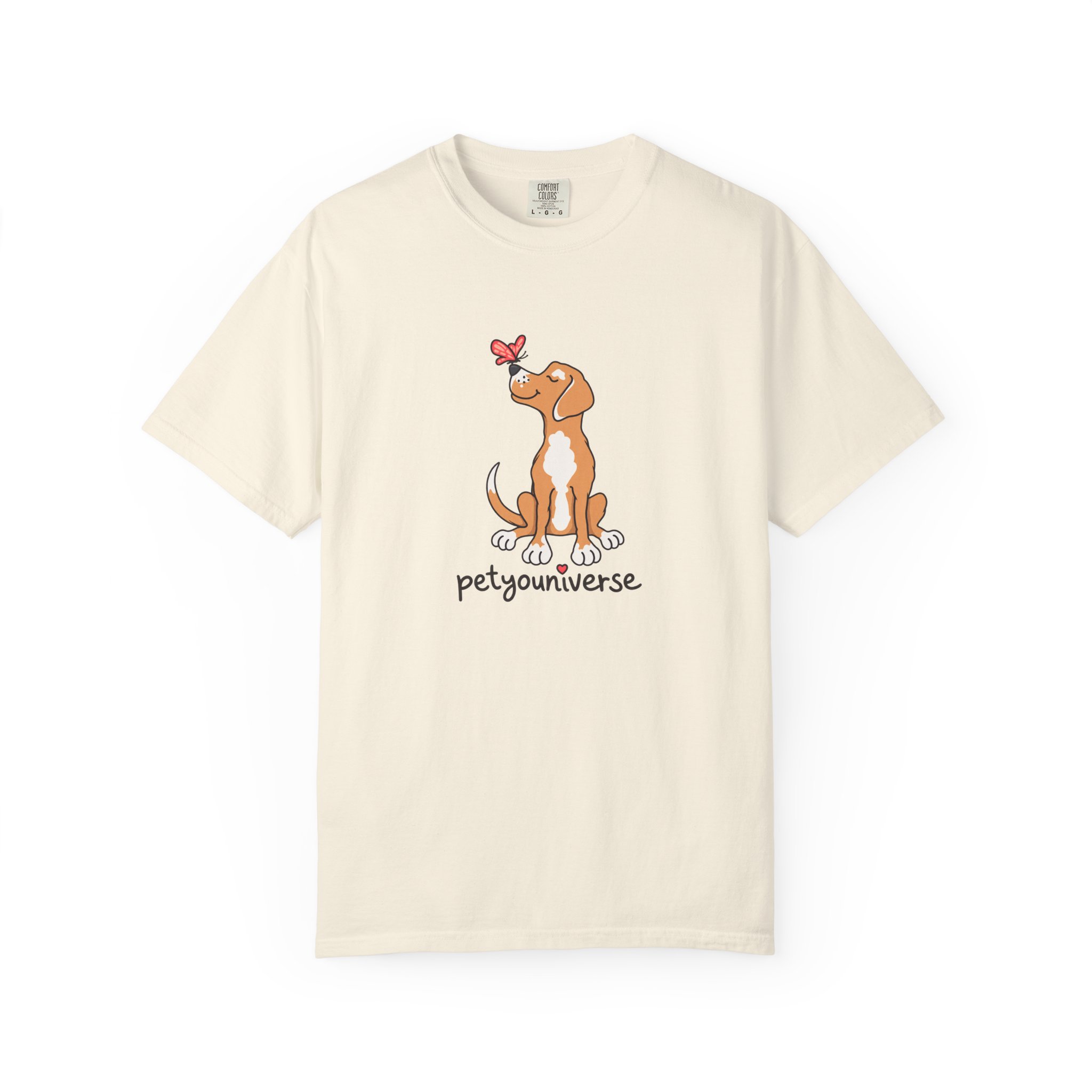 Cute dog looking at butterfly graphic on PetYoUniverse dog butterfly t-shirt