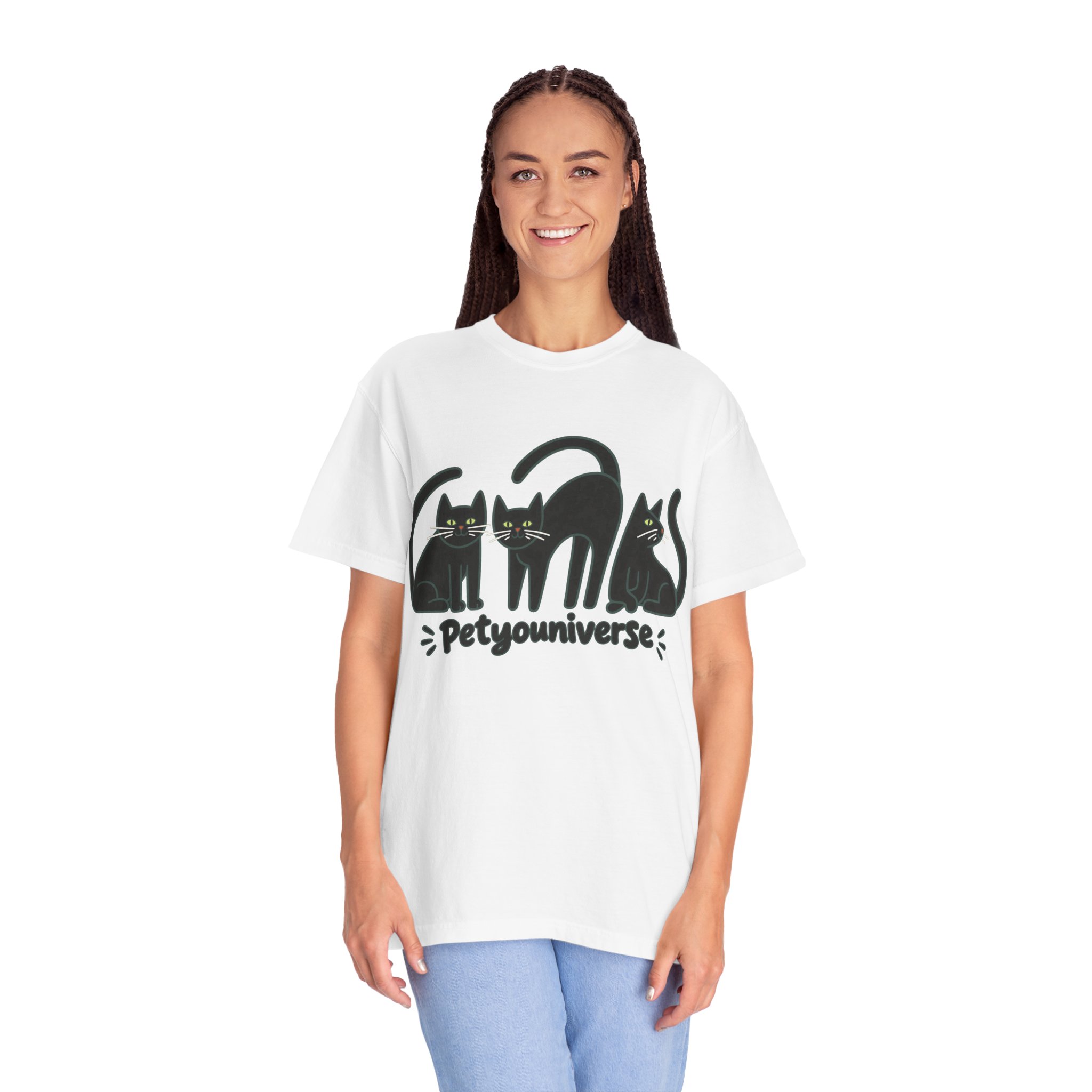 Cat T-Shirt — "Petyouniverse" Black Cat Trio Graphic Tee - Image 5