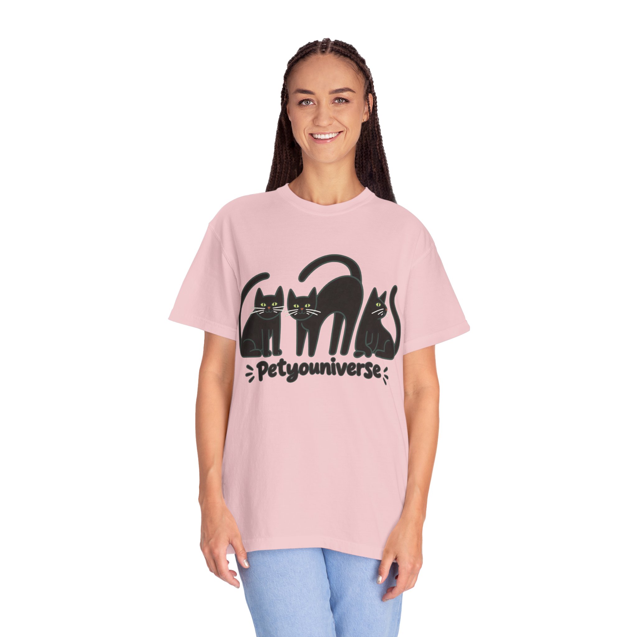 Cat T-Shirt — "Petyouniverse" Black Cat Trio Graphic Tee - Image 122