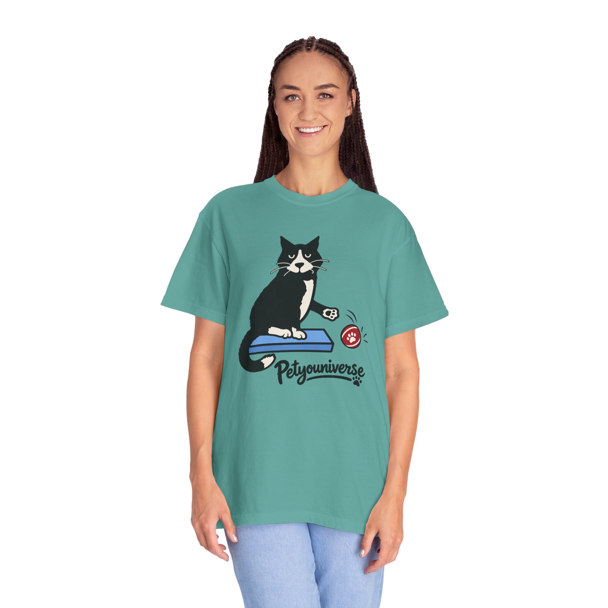 Cat on Scratch Pad Graphic T-Shirt — "Petyouniverse" Cute Paw Play Tee - Image 77