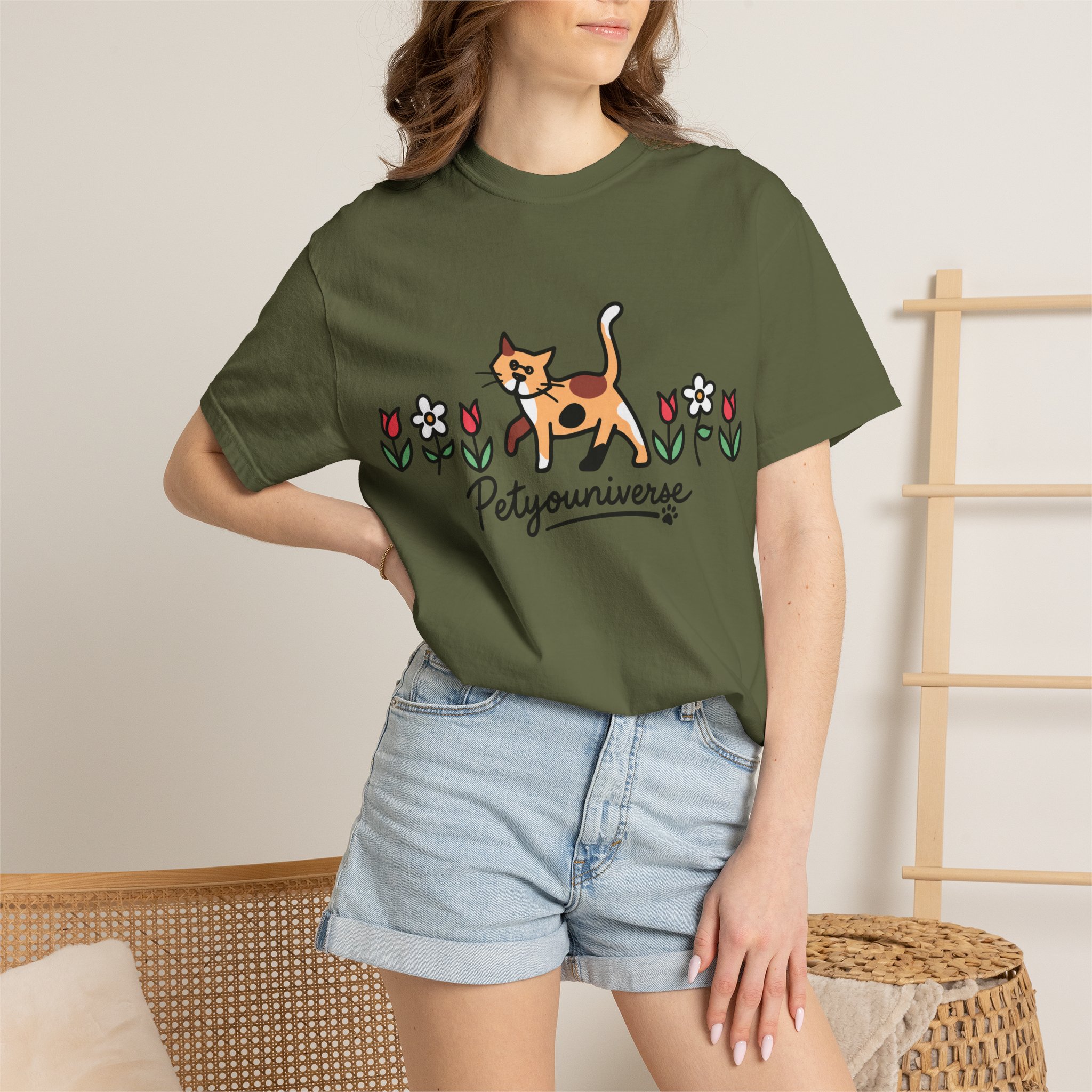 Cat & Flowers T-Shirt — 'Petsyouniverse' Cute Calico Tee - Image 65