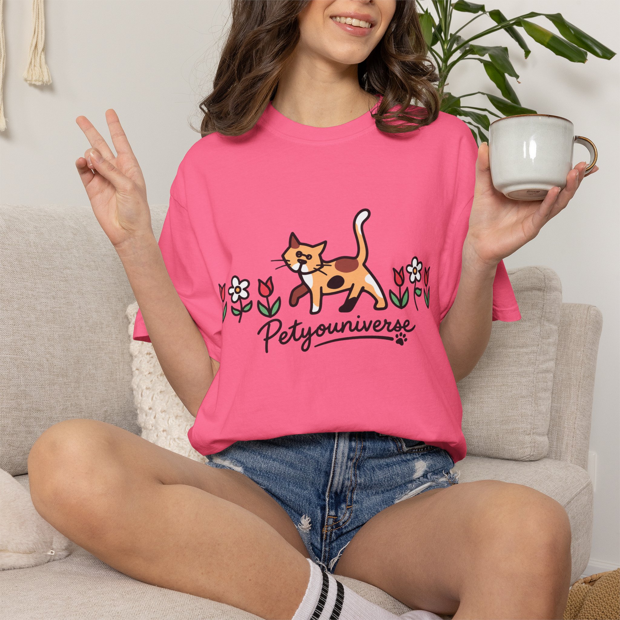 Cat & Flowers T-Shirt — 'Petsyouniverse' Cute Calico Tee - Image 120