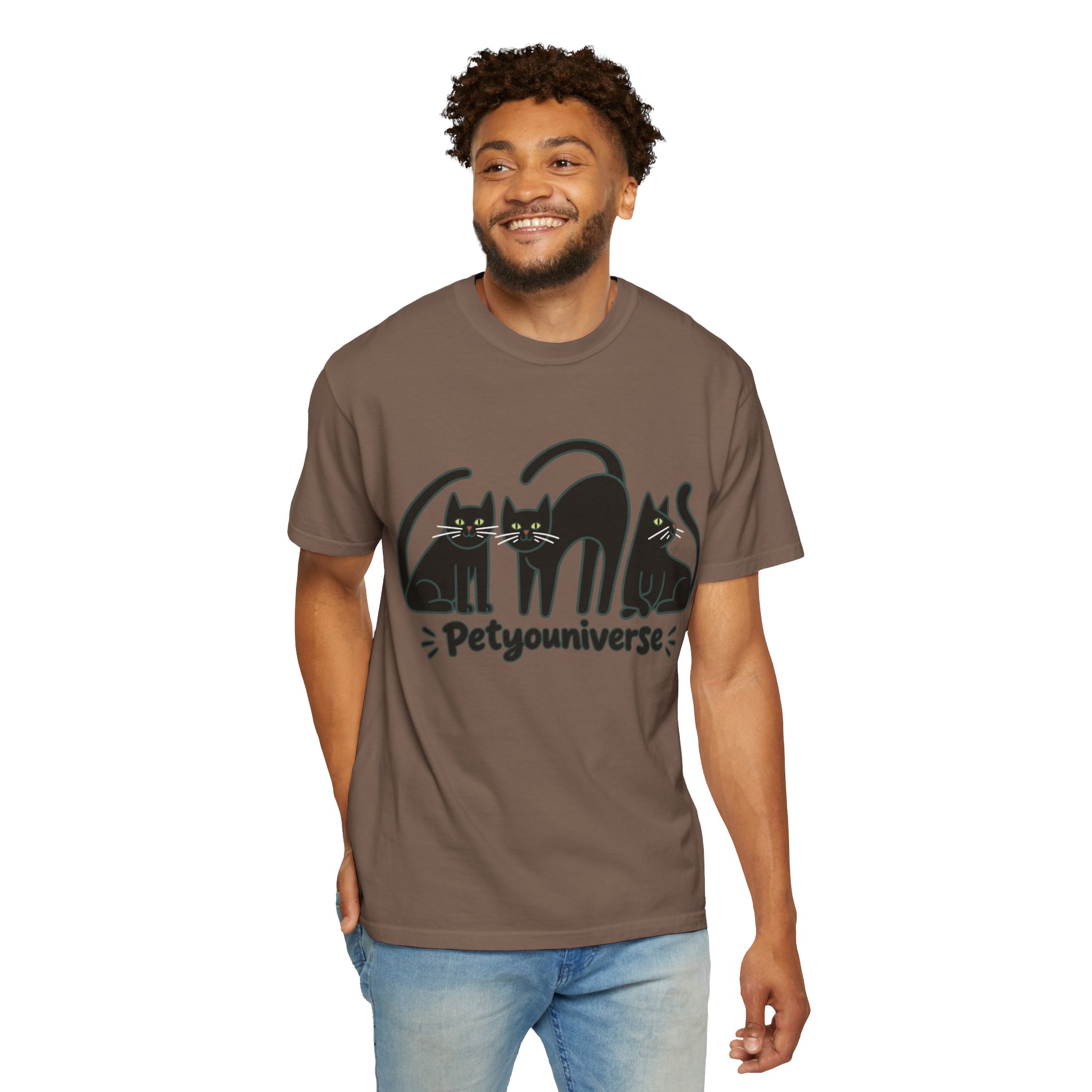 Cat T-Shirt — "Petyouniverse" Black Cat Trio Graphic Tee - Image 52