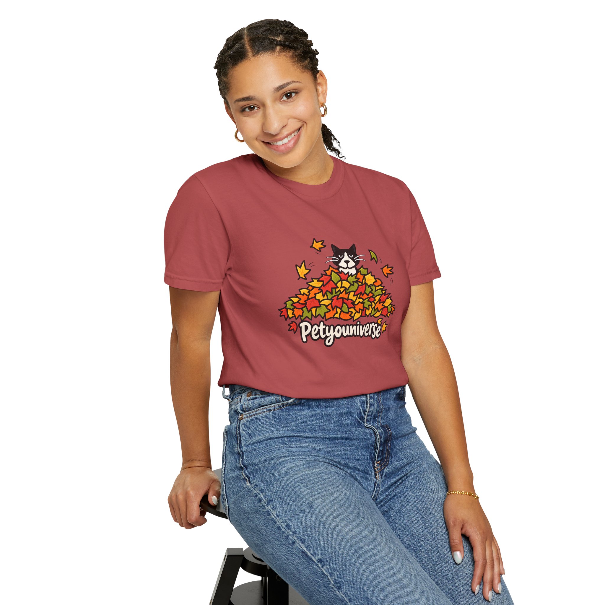 Cat in Leaf Pile T-Shirt — "Petyouniverse" Fall Cat Tee - Image 132