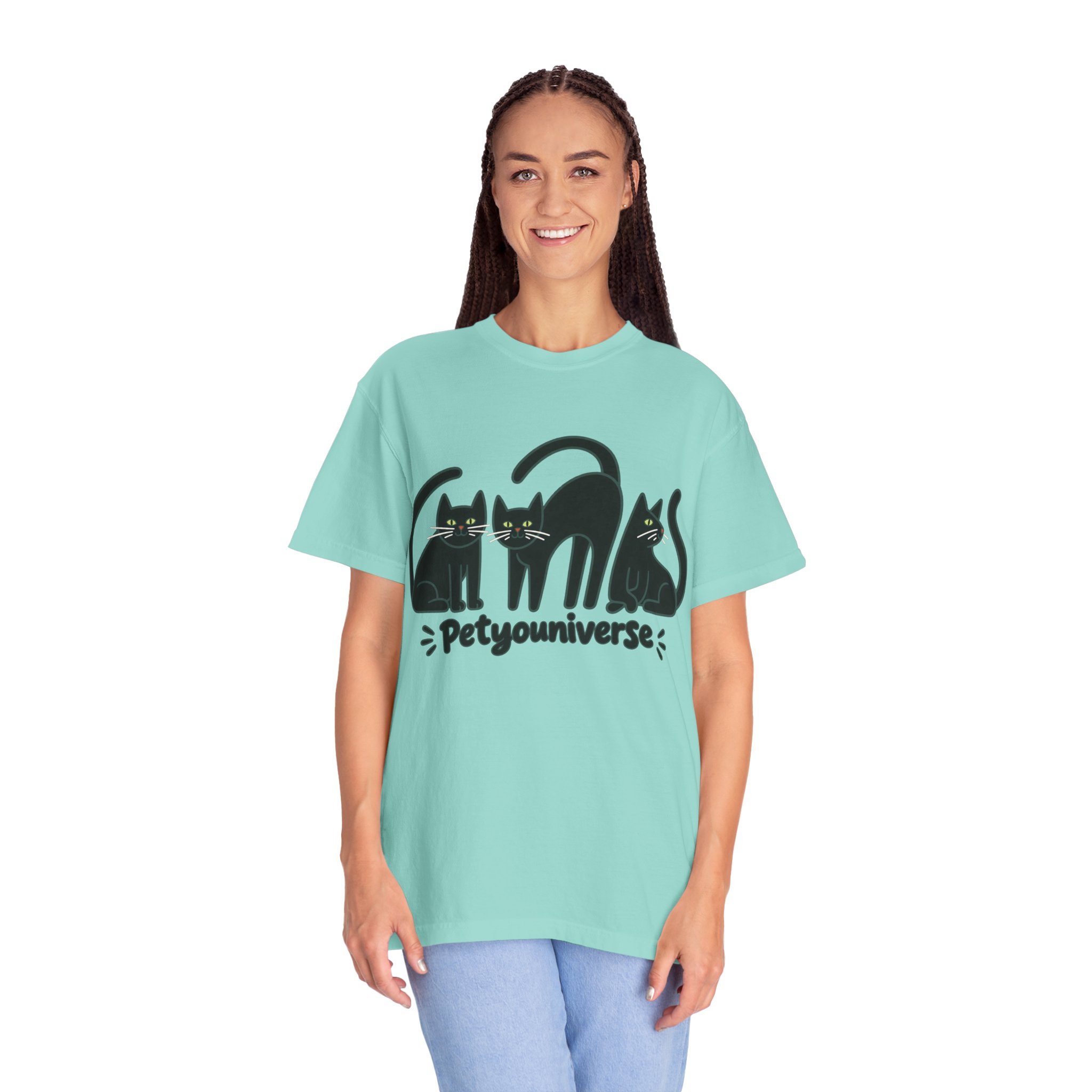 Cat T-Shirt — "Petyouniverse" Black Cat Trio Graphic Tee - Image 86
