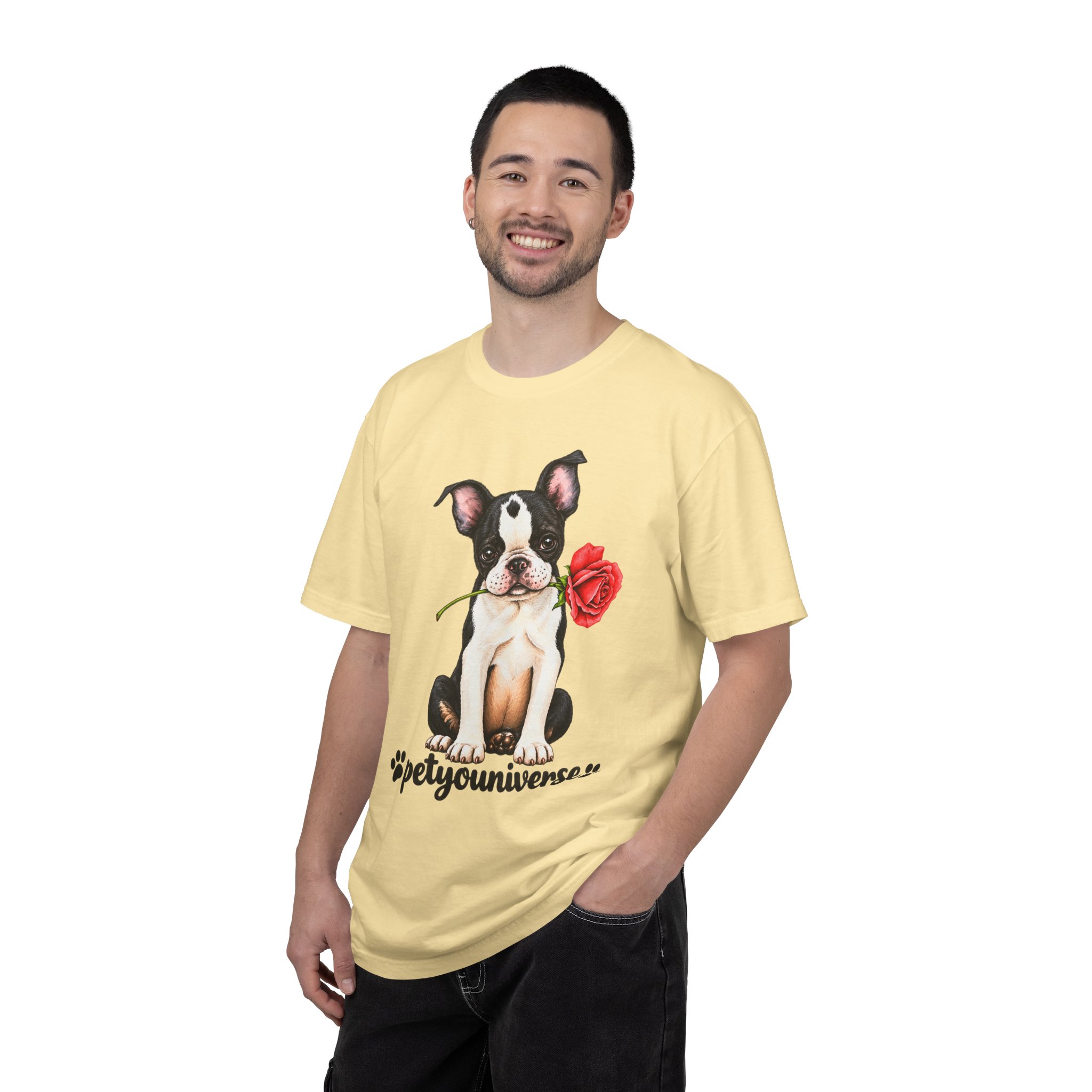 Boston Terrier Puppy Tee – Rose & "PetYoUniverse" Graphic T-Shirt - Image 13