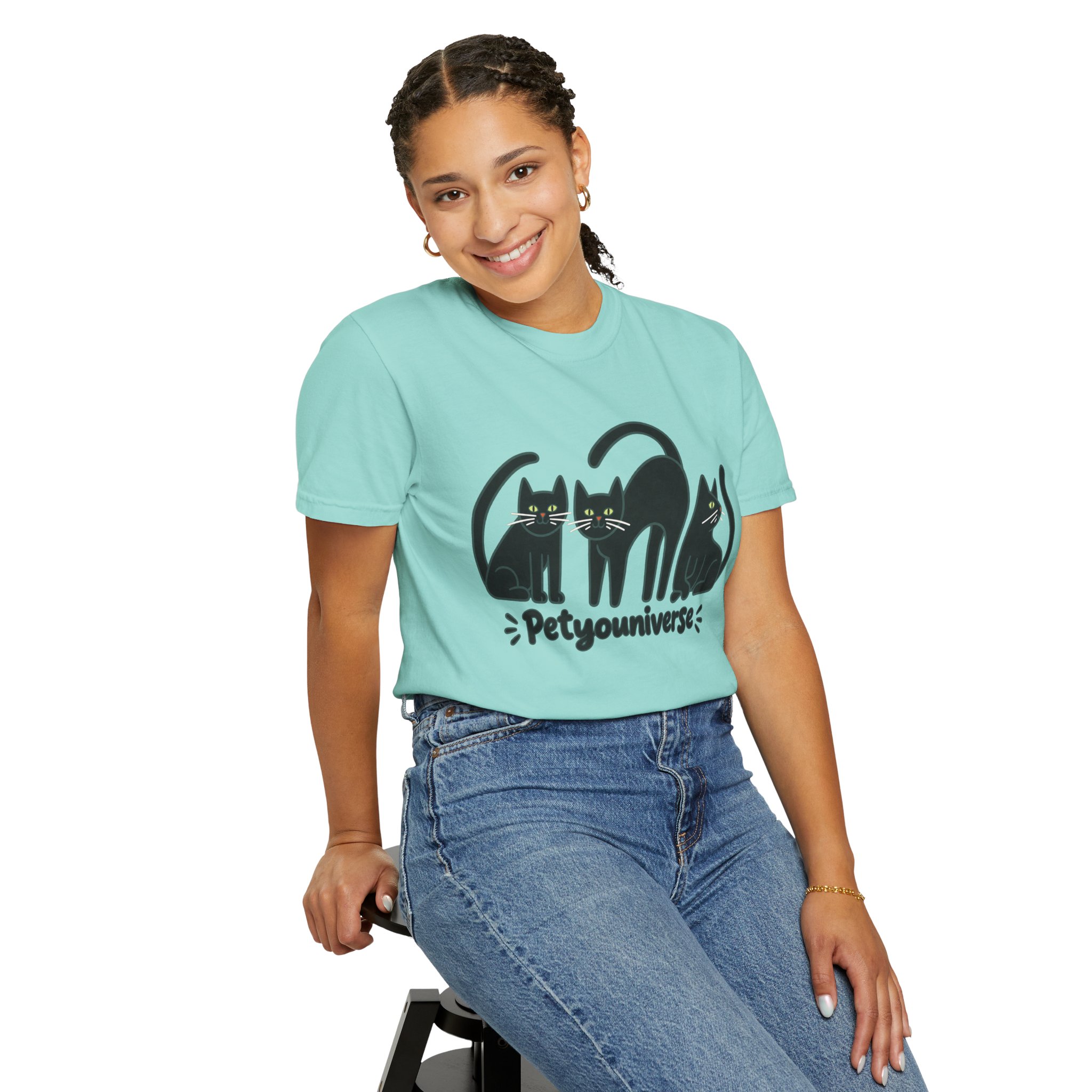 Cat T-Shirt — "Petyouniverse" Black Cat Trio Graphic Tee - Image 87