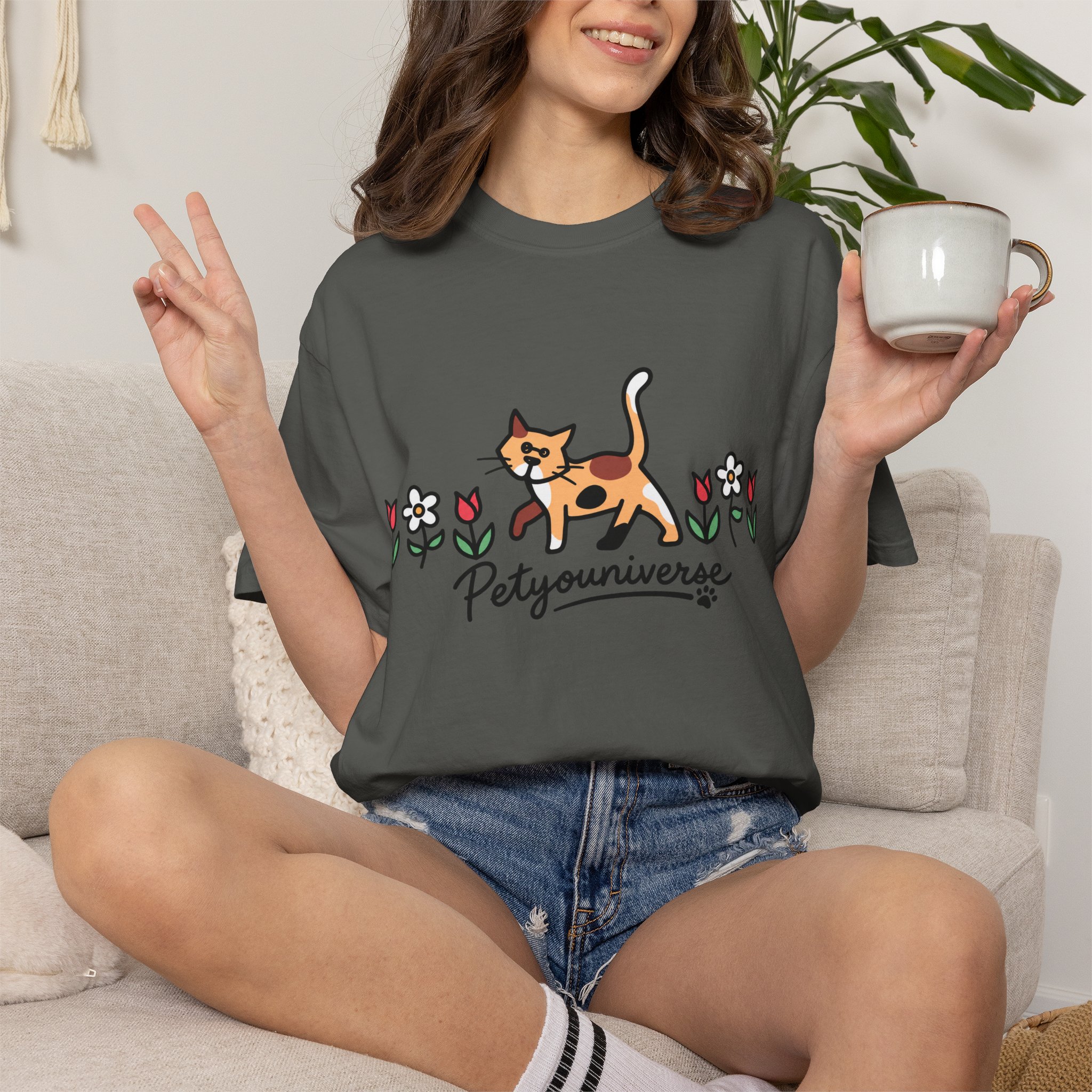Cat & Flowers T-Shirt — 'Petsyouniverse' Cute Calico Tee - Image 48