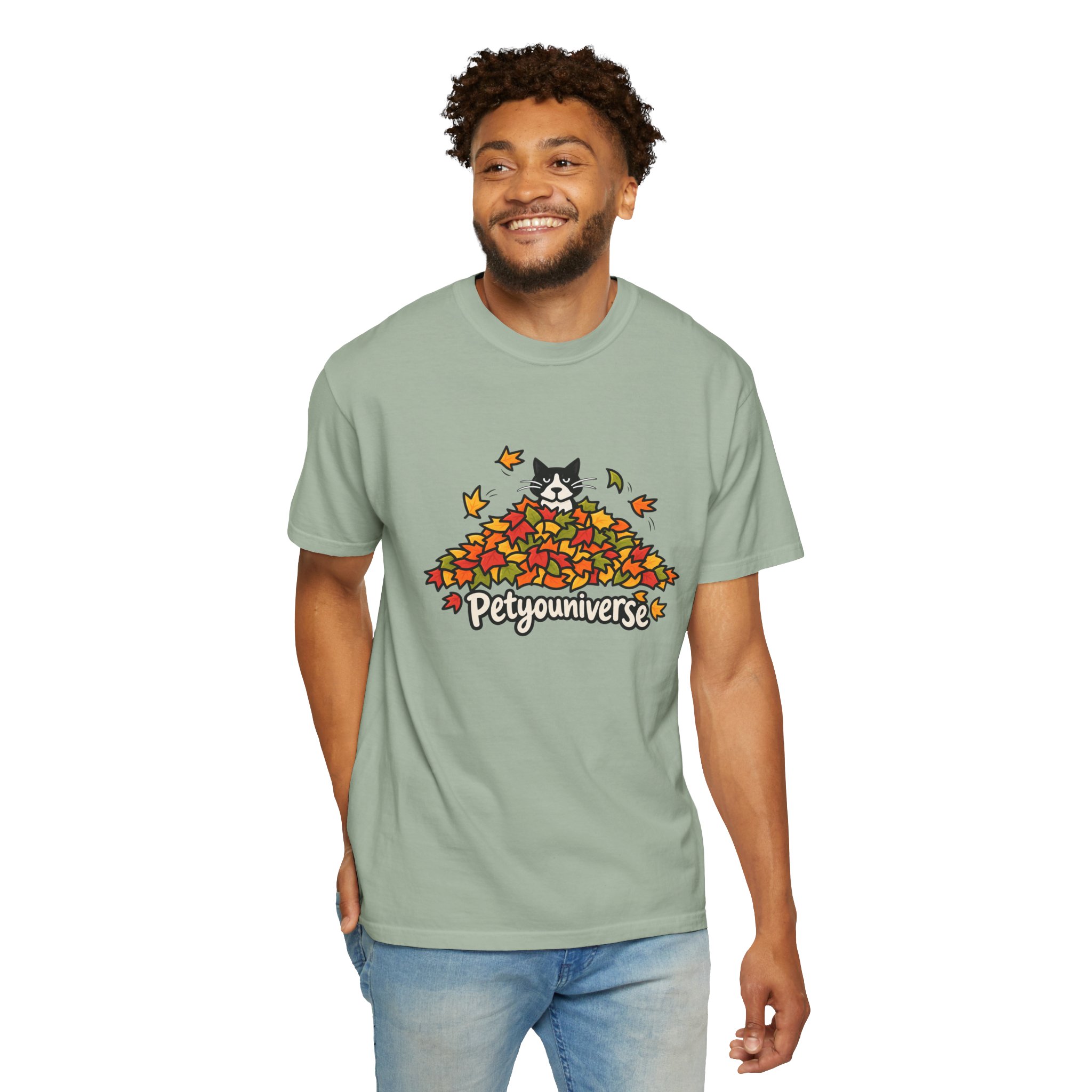 Cat in Leaf Pile T-Shirt — "Petyouniverse" Fall Cat Tee - Image 70