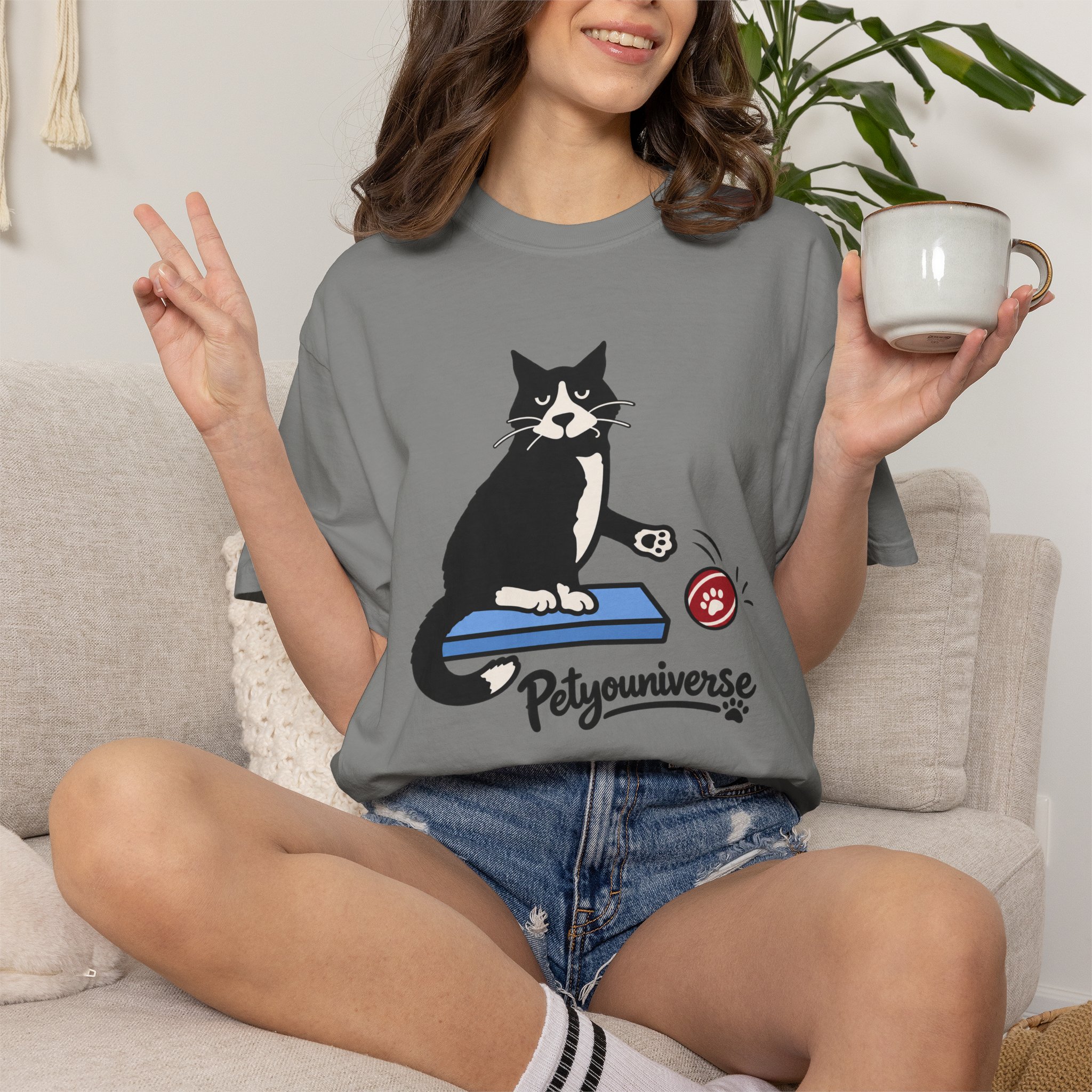 Cat on Scratch Pad Graphic T-Shirt — "Petyouniverse" Cute Paw Play Tee - Image 93