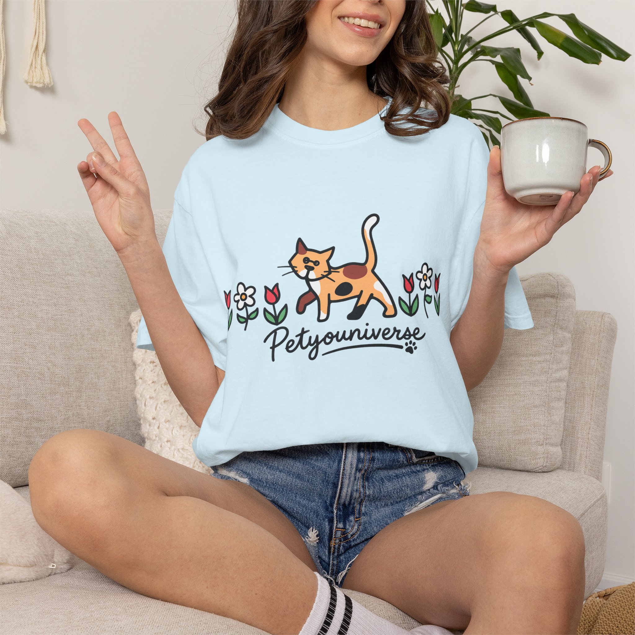 Cat & Flowers T-Shirt — 'Petsyouniverse' Cute Calico Tee - Image 93