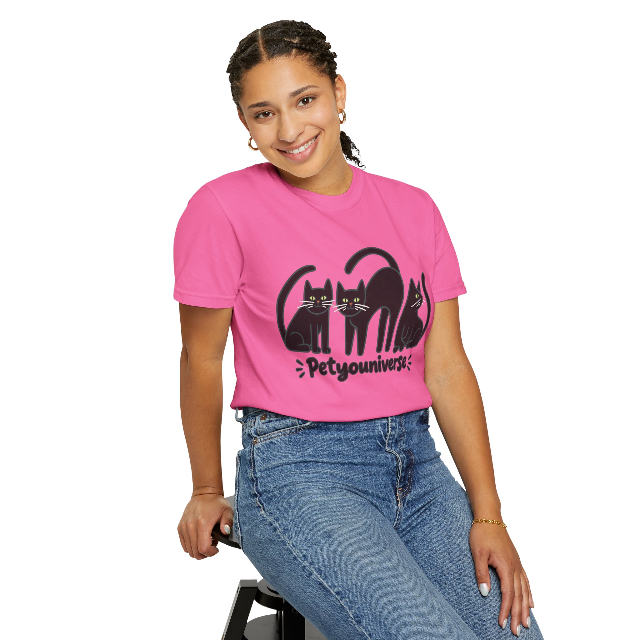 Cat T-Shirt — "Petyouniverse" Black Cat Trio Graphic Tee - Image 132