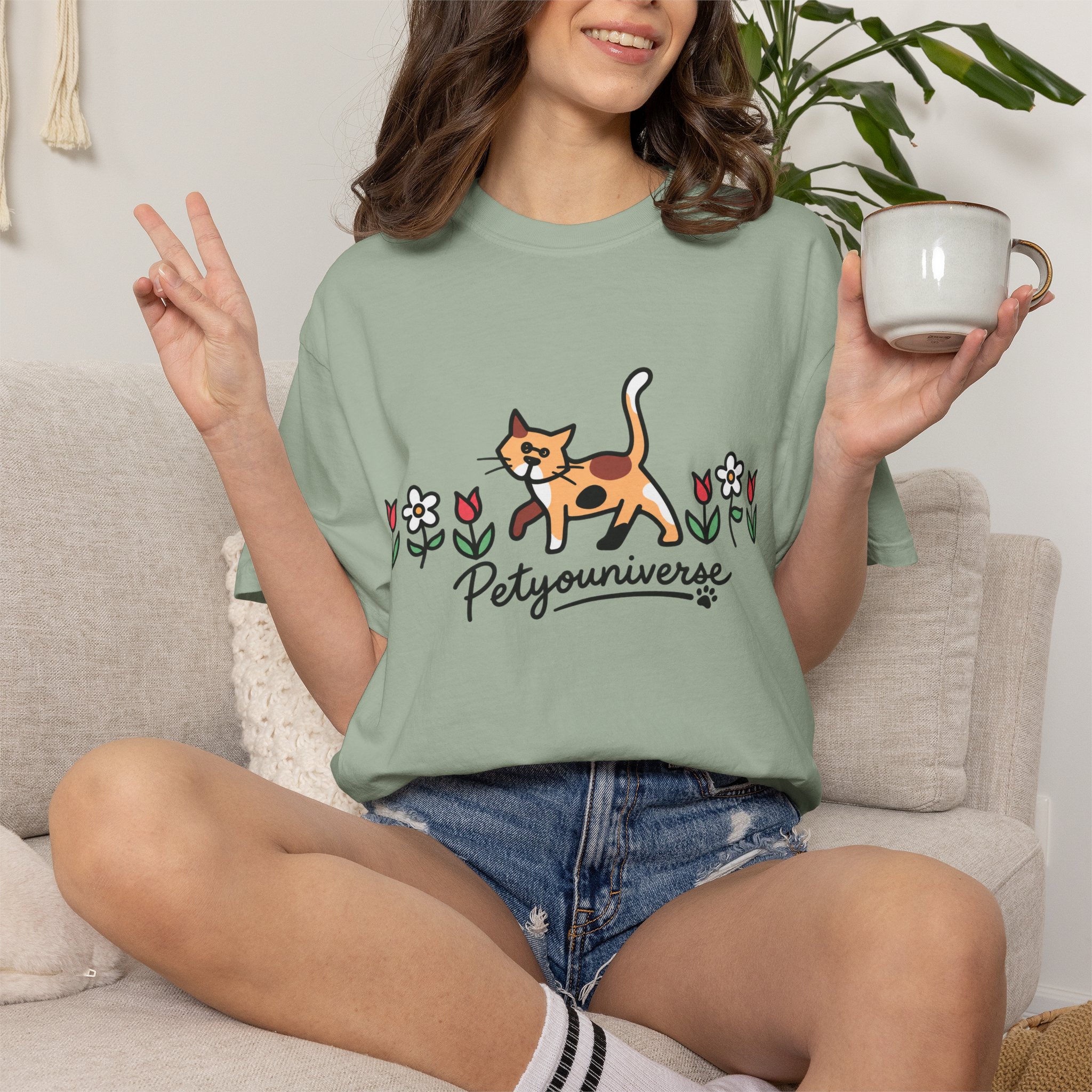 Cat & Flowers T-Shirt — 'Petsyouniverse' Cute Calico Tee - Image 75