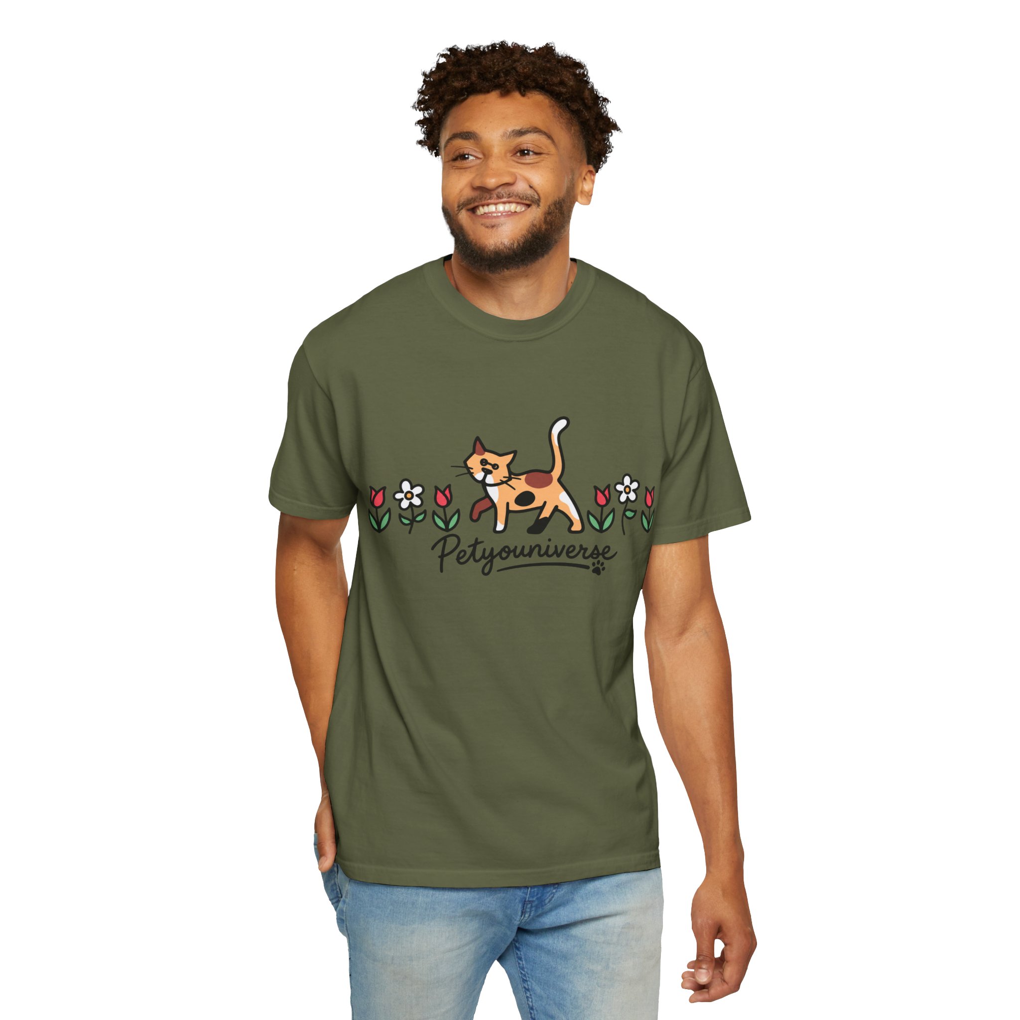 Cat & Flowers T-Shirt — 'Petsyouniverse' Cute Calico Tee - Image 70