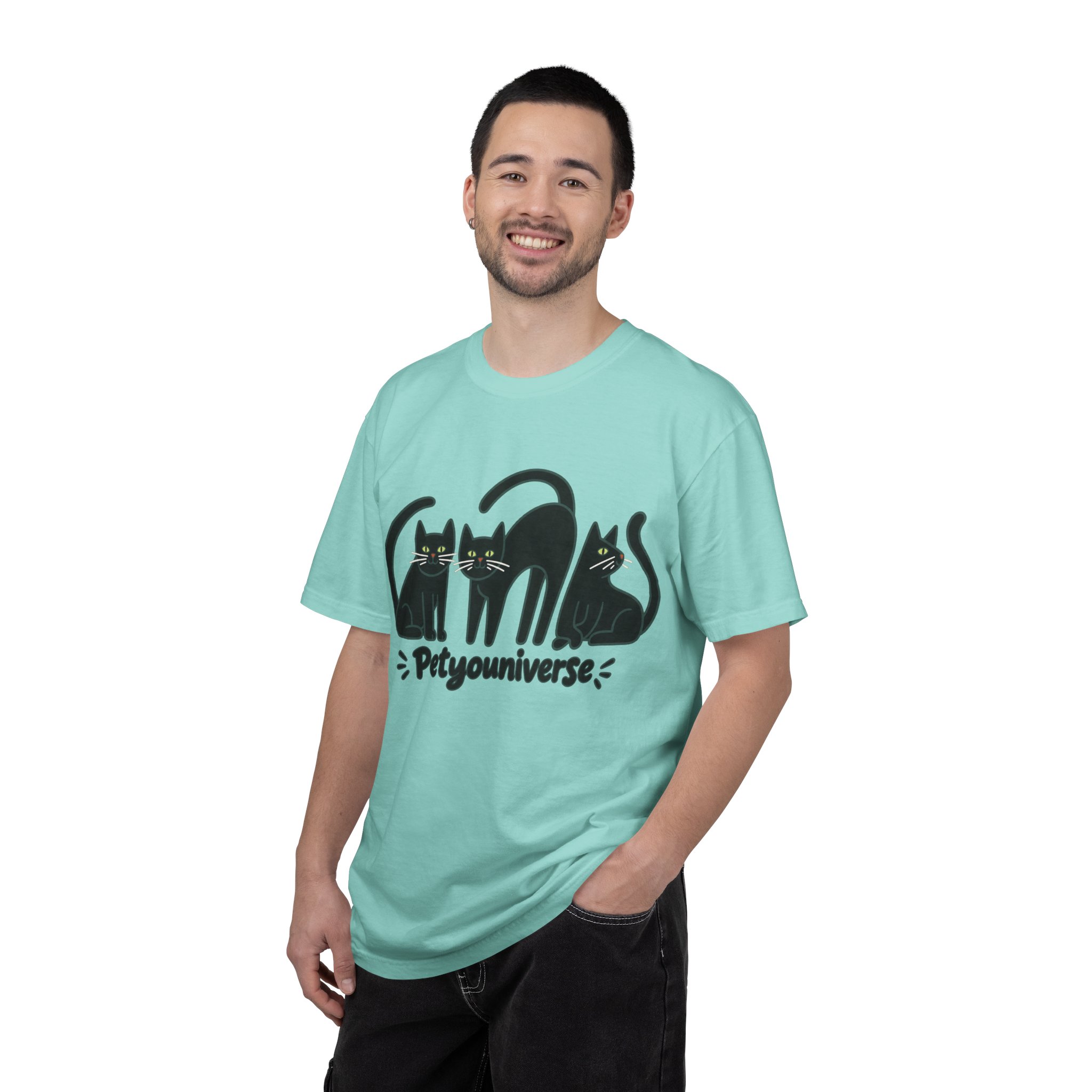Cat T-Shirt — "Petyouniverse" Black Cat Trio Graphic Tee - Image 85