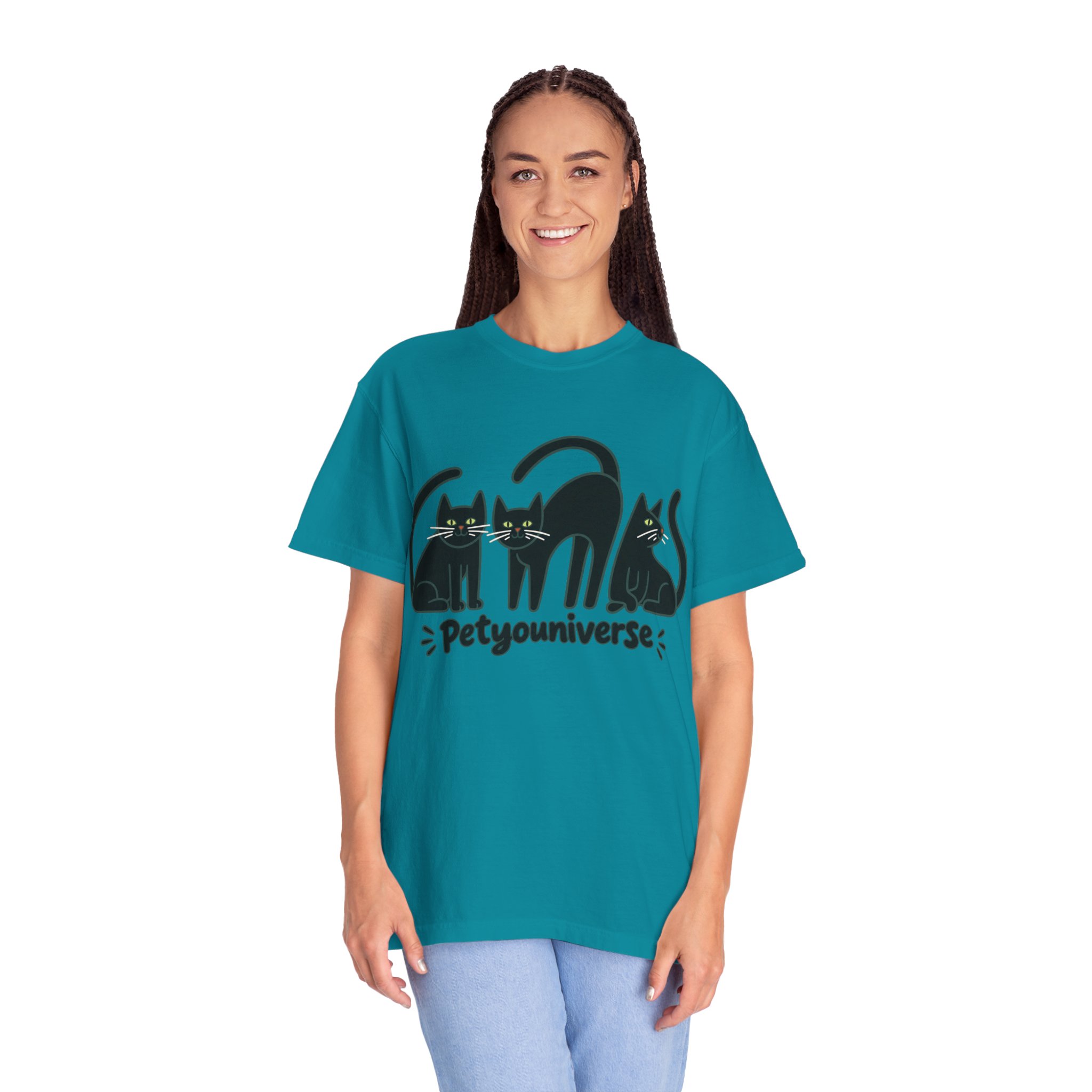 Cat T-Shirt — "Petyouniverse" Black Cat Trio Graphic Tee - Image 104